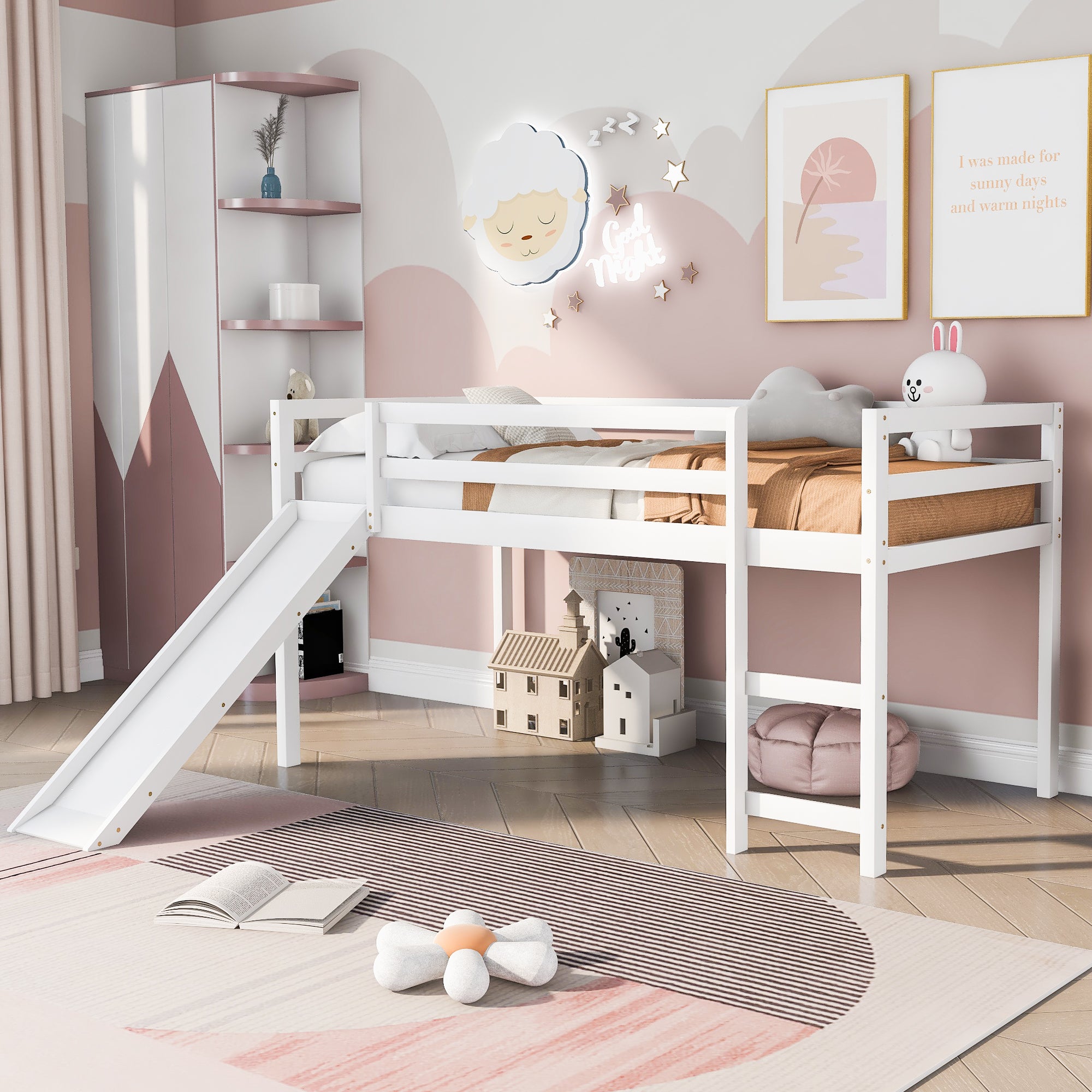 Loft Bed with Slide, Multifunctional Design, Twin (White)