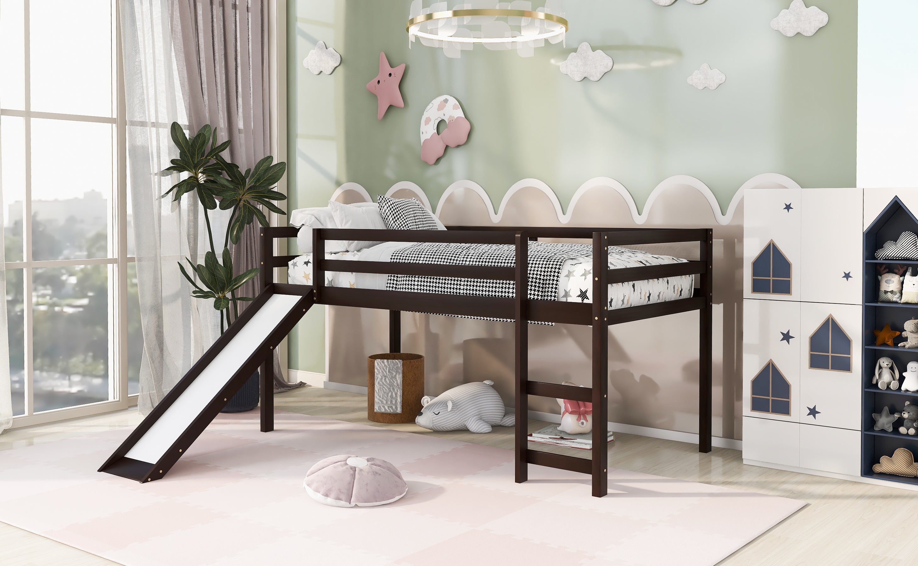 Loft Bed with Slide, Multifunctional Design, Twin (Espresso)