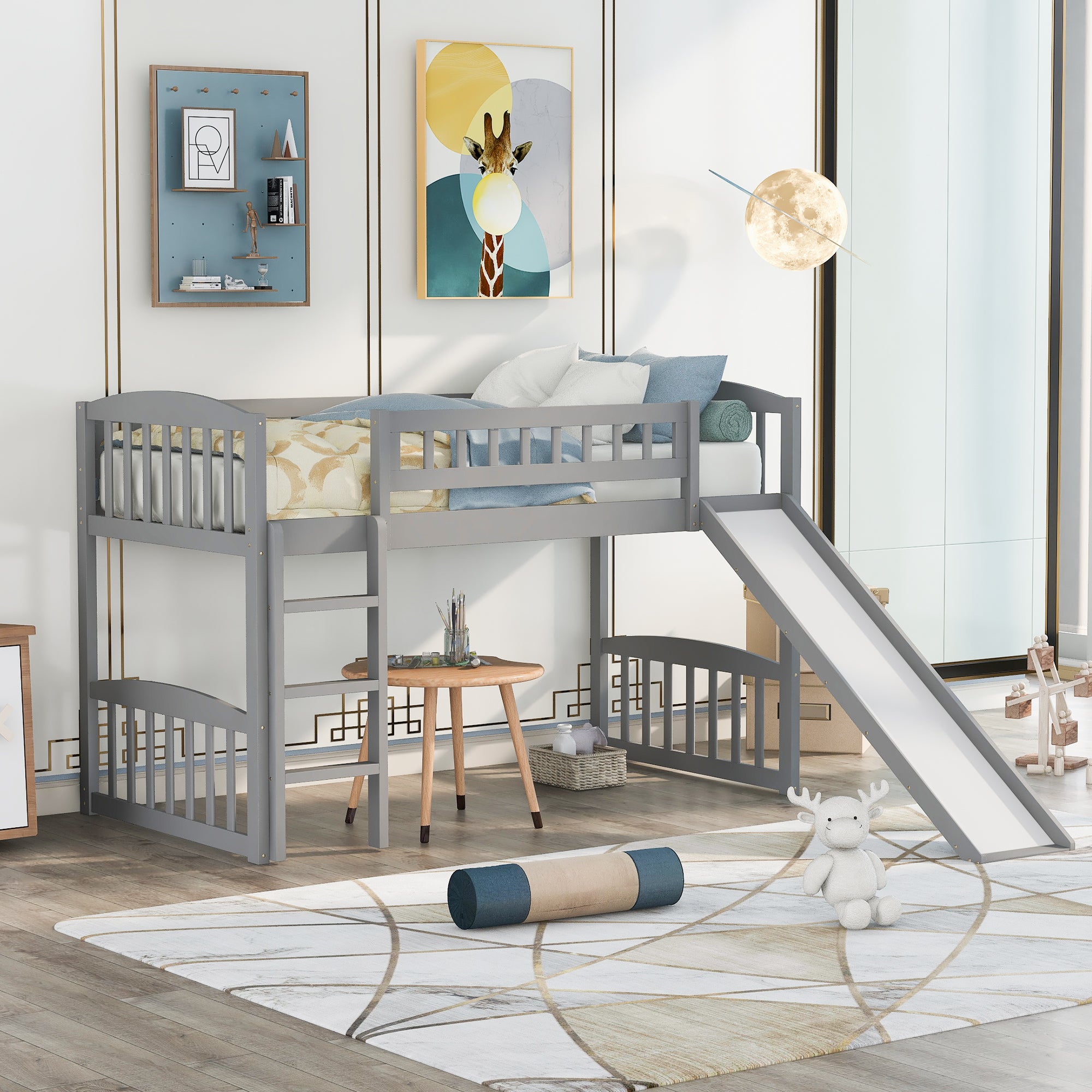 Twin size Loft Bed with Slide and Ladder, Gray