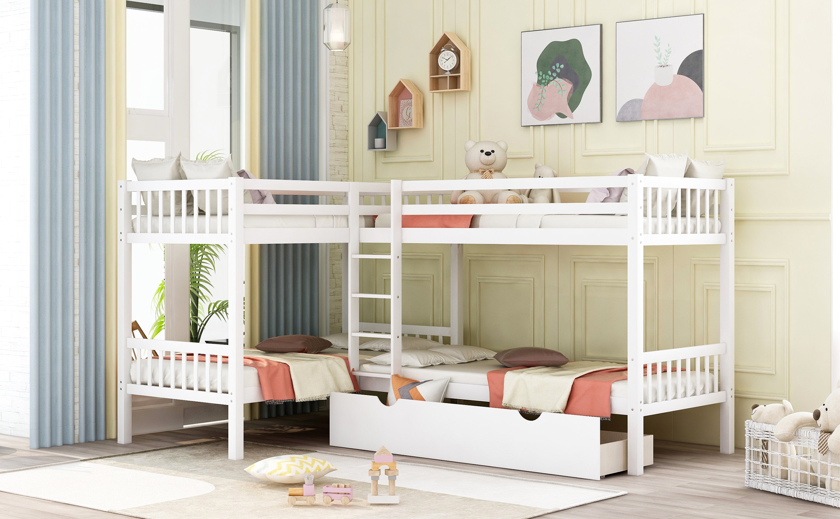 Twin L-Shaped Bunk bed with Drawers-Gray