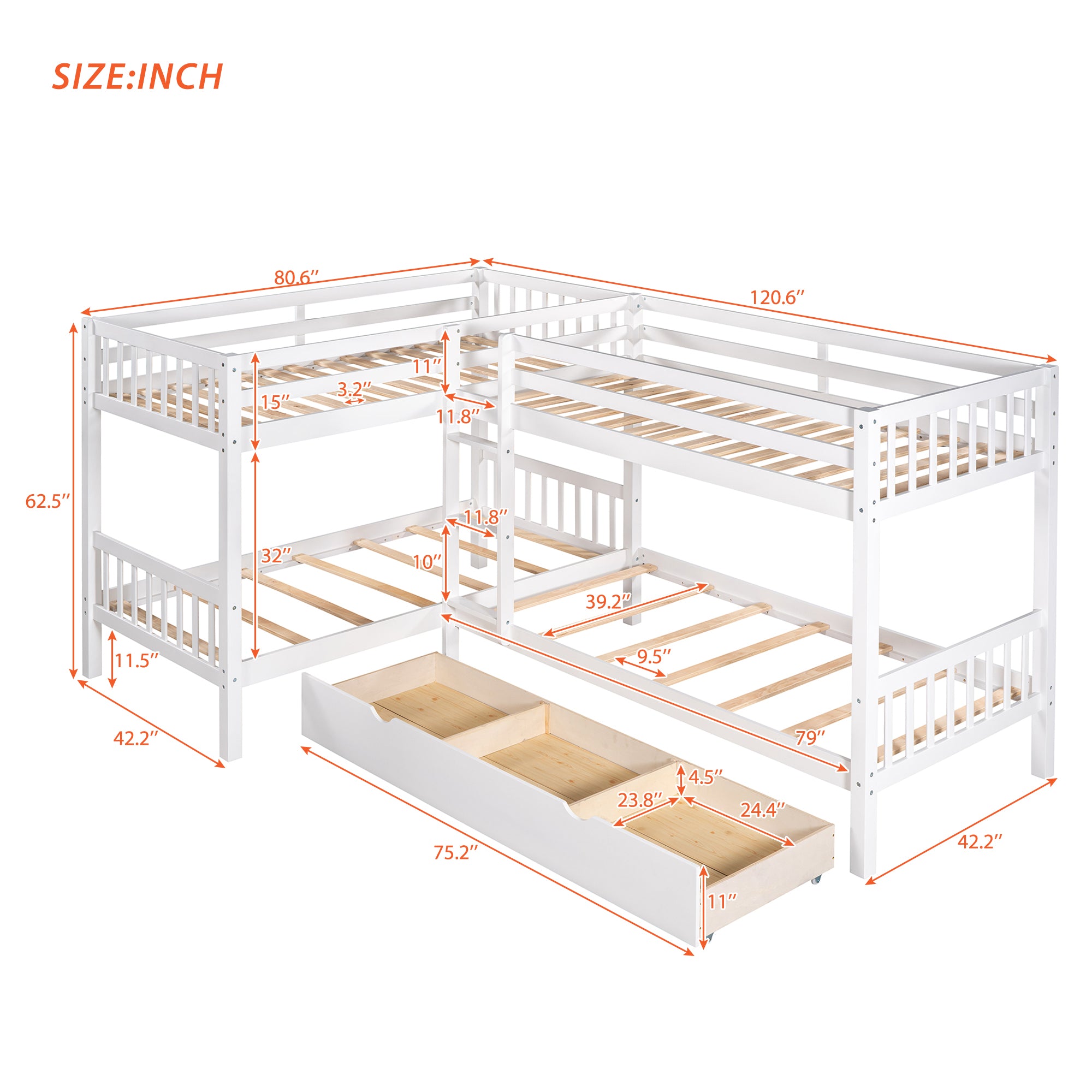 Twin L-Shaped Bunk bed with Drawers-Gray