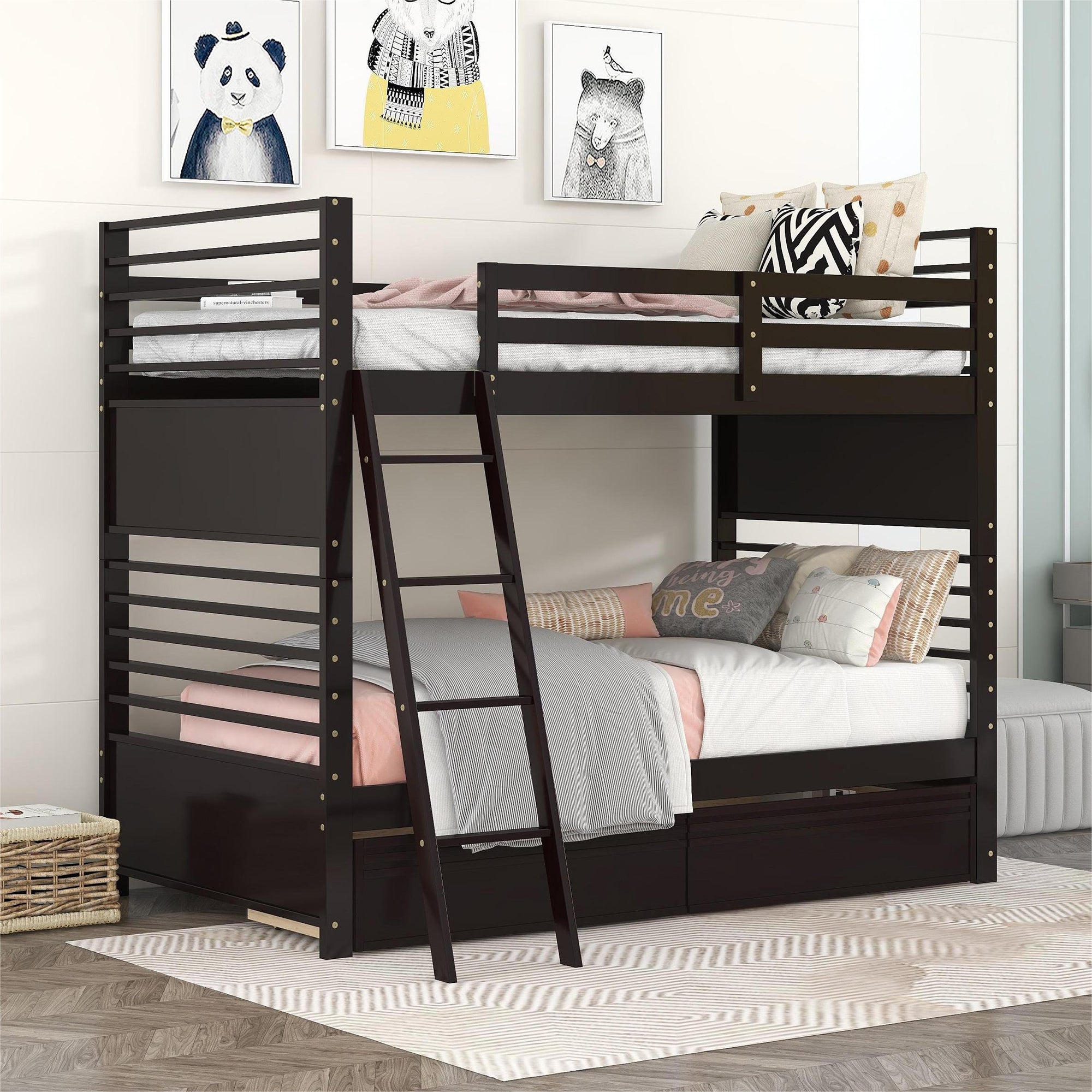 Twin over Twin Wood Bunk Bed with Two Drawers - Espresso