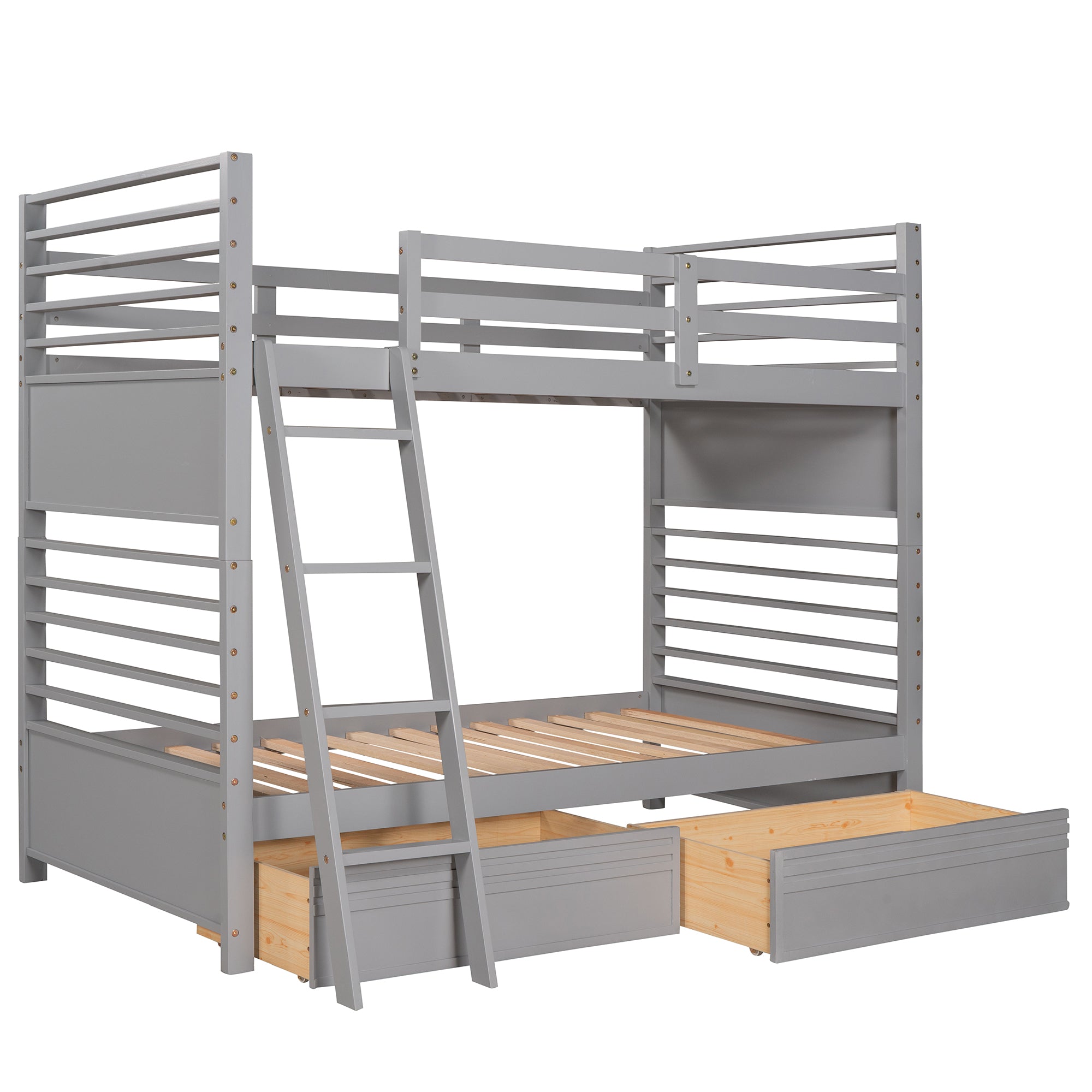 Twin over Twin Wood Bunk Bed with Two Drawers - Gray