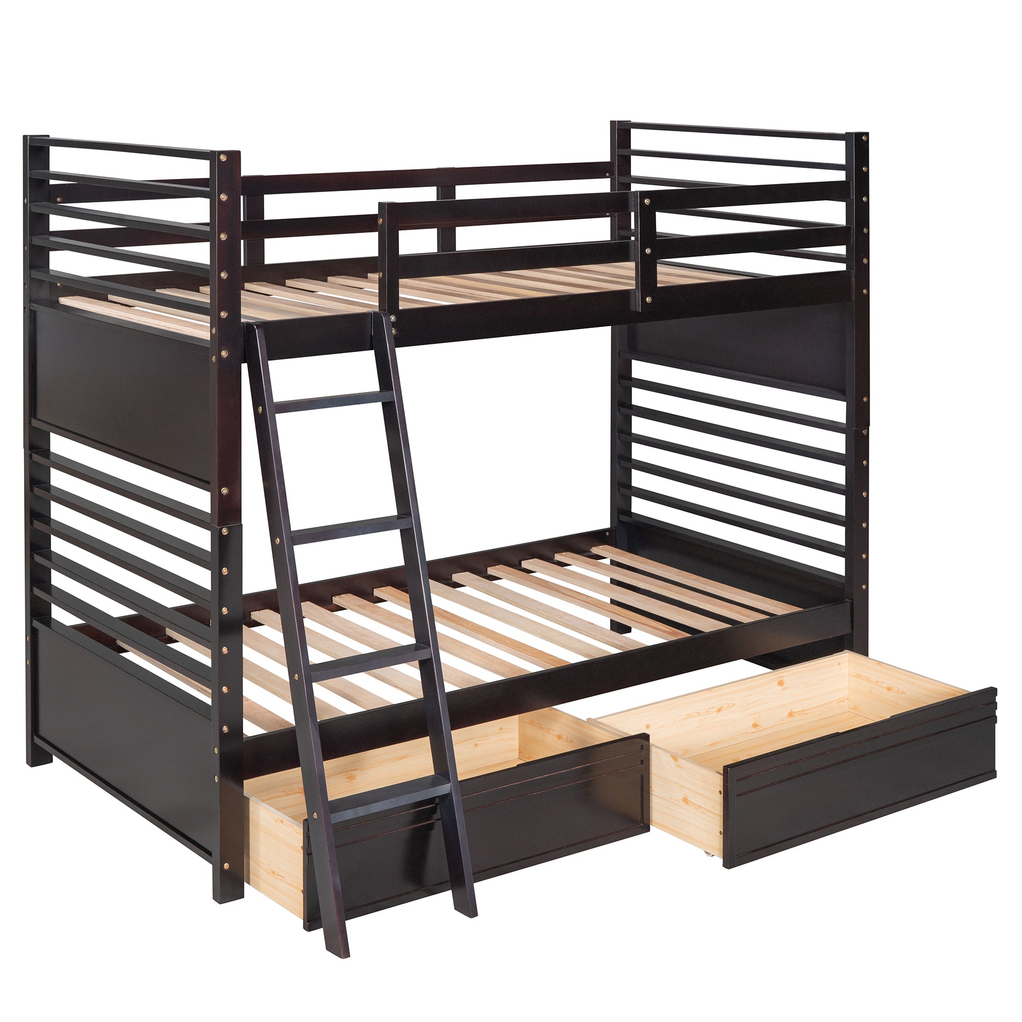 Twin over Twin Wood Bunk Bed with Two Drawers - Espresso