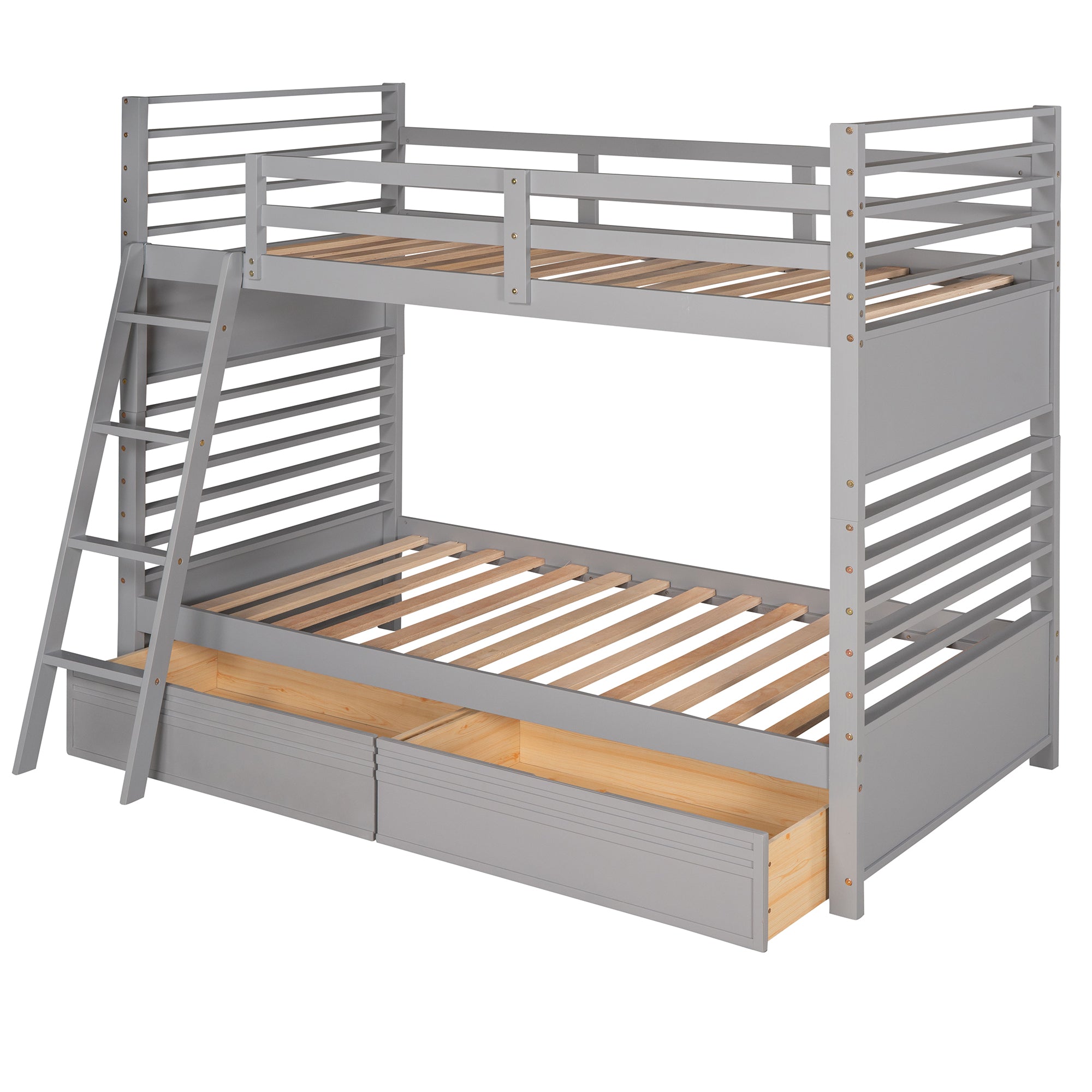 Twin over Twin Wood Bunk Bed with Two Drawers - Gray