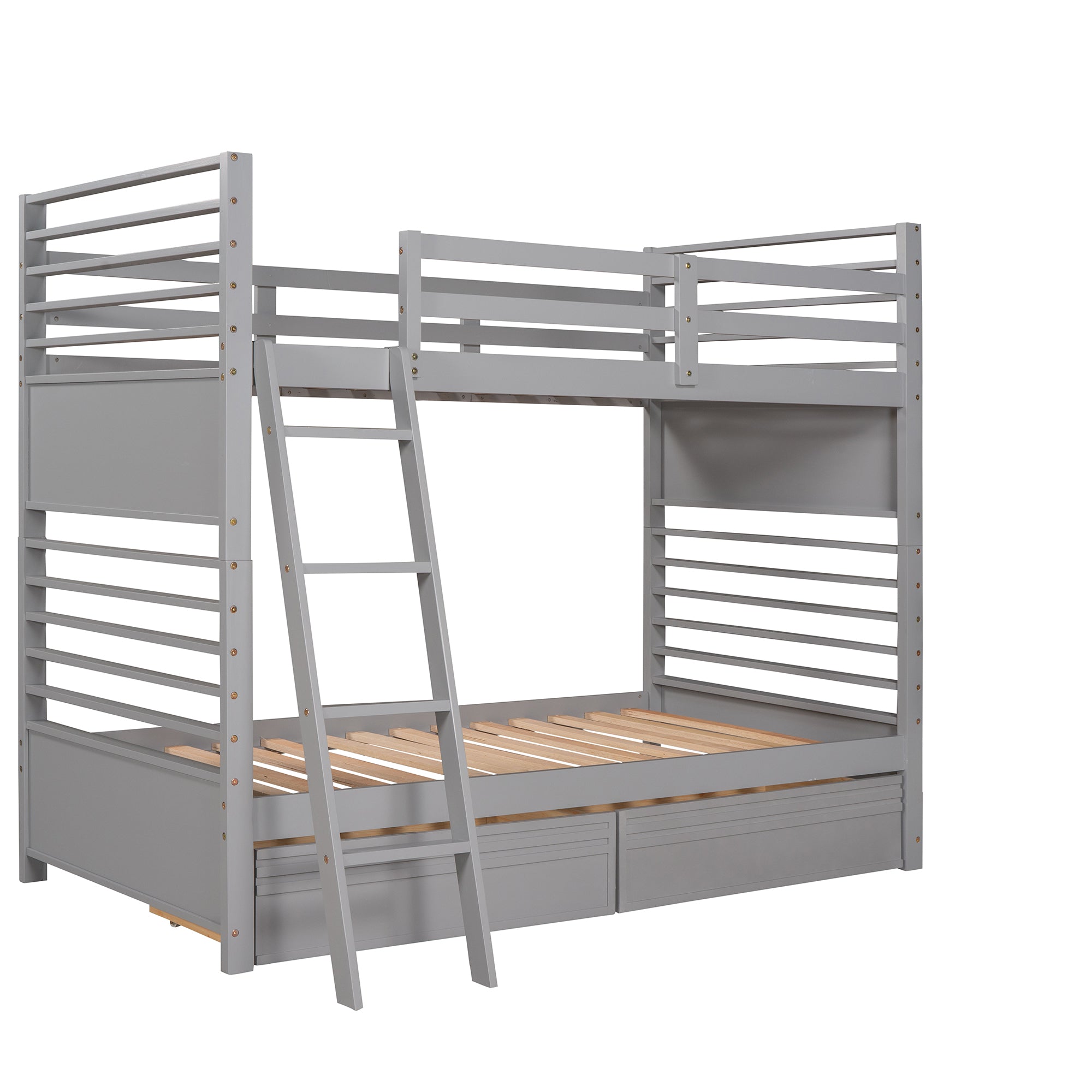 Twin over Twin Wood Bunk Bed with Two Drawers - Gray