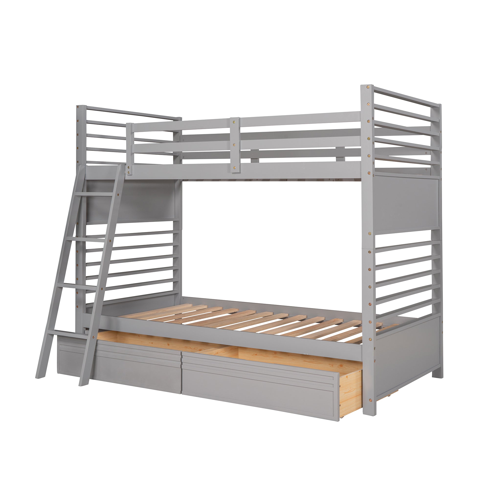 Twin over Twin Wood Bunk Bed with Two Drawers - Gray