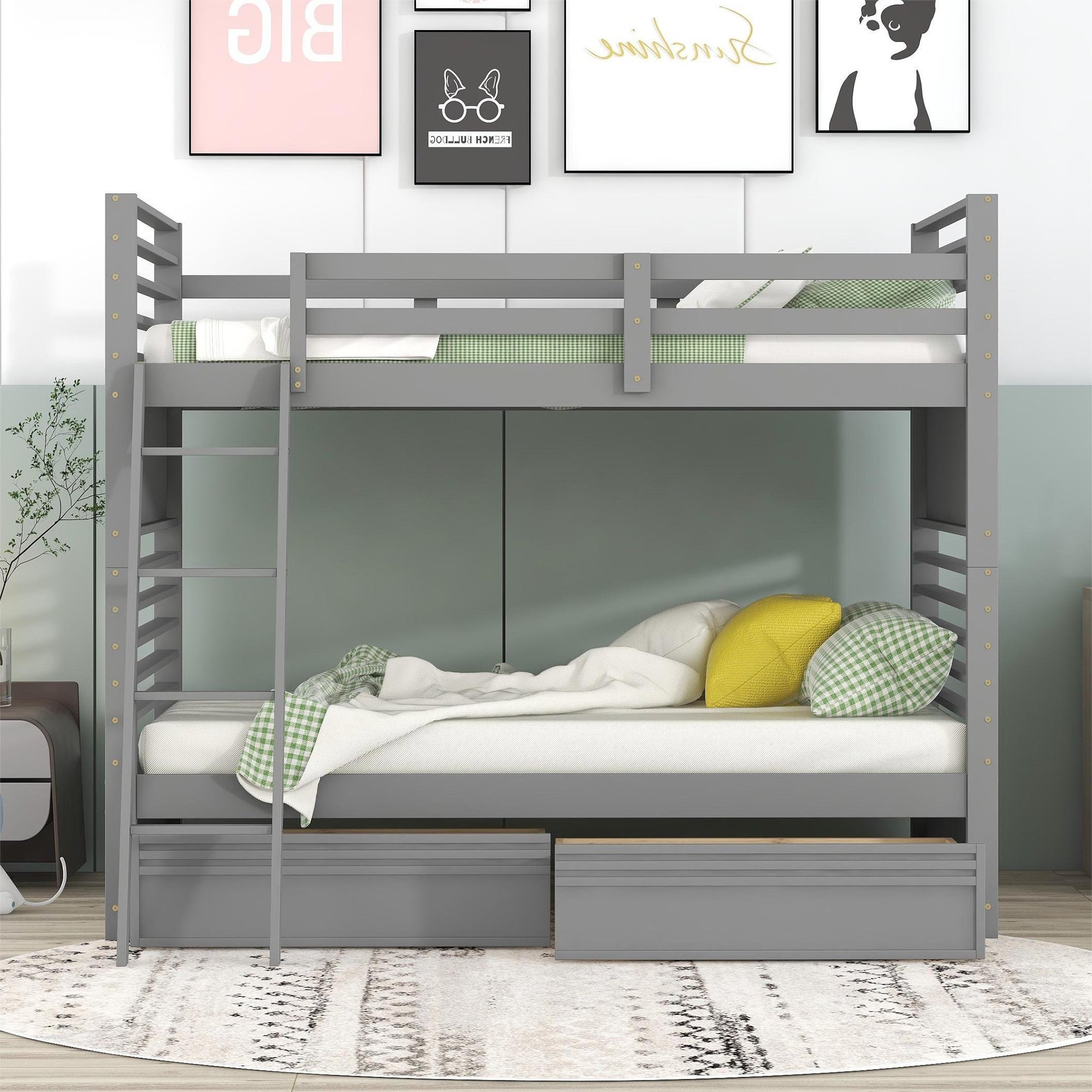 Twin over Twin Wood Bunk Bed with Two Drawers - Gray