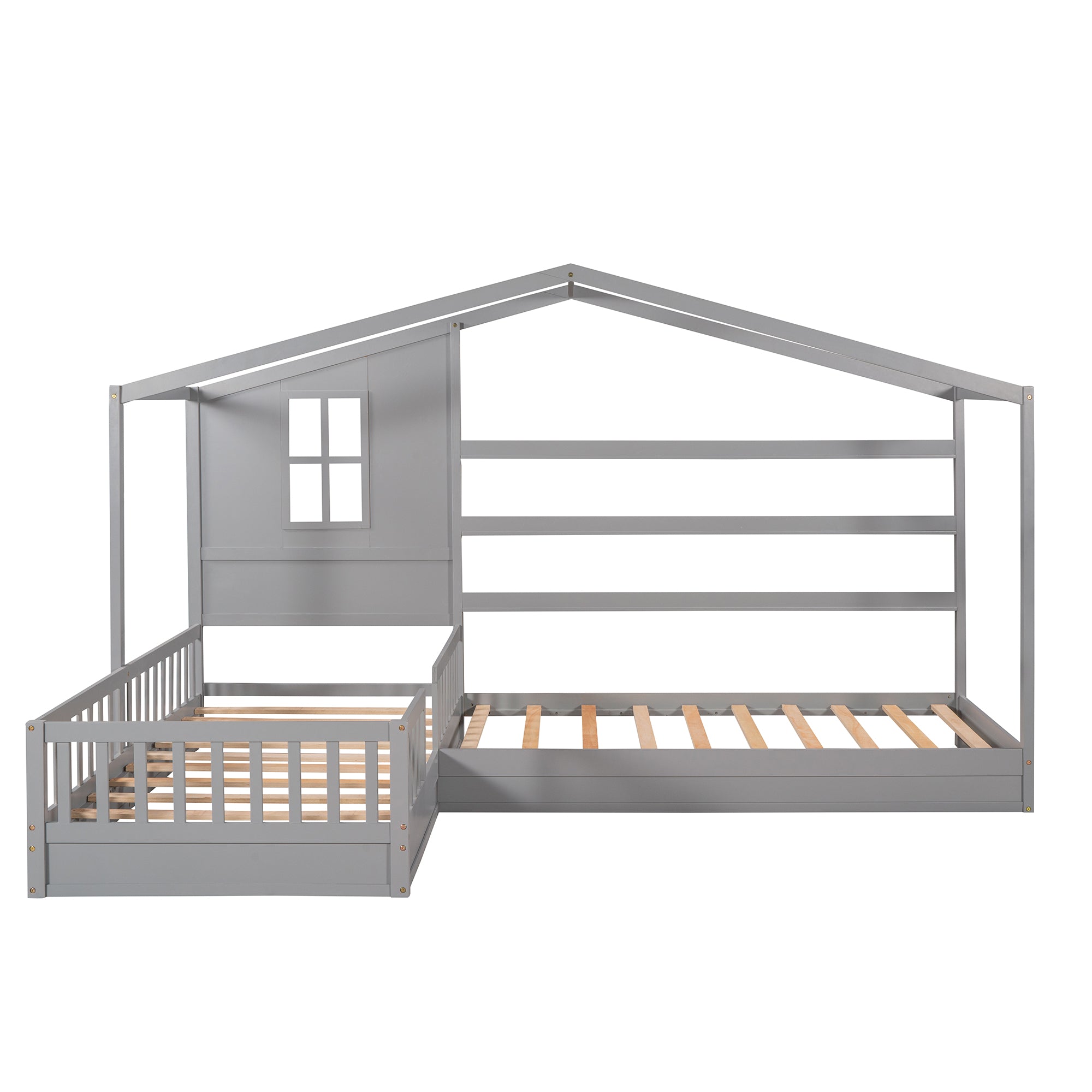 Wood House Bed Twin Size, 2 Twin Solid Bed L structure with fence and slatted frame （Gray)