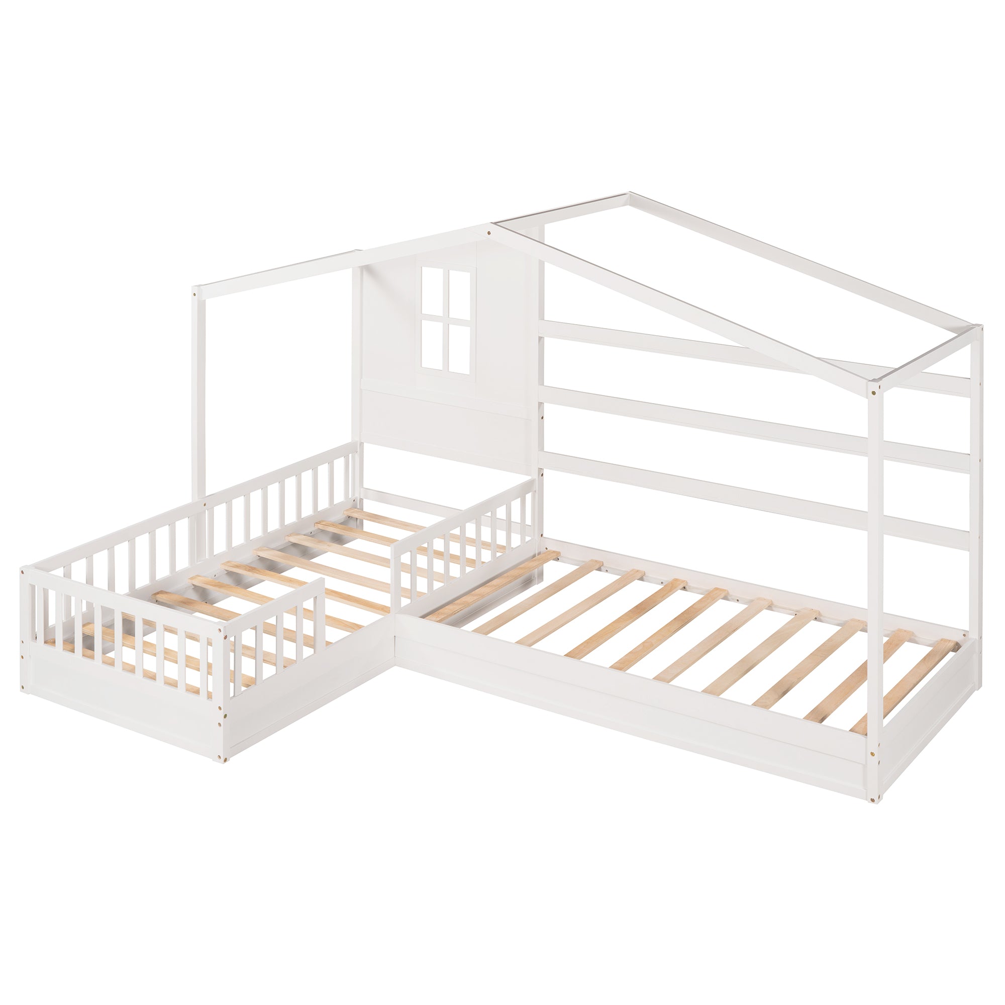 Wood House Bed Twin Size, 2 Twin Solid Bed L structure with fence and slatted frame （White)