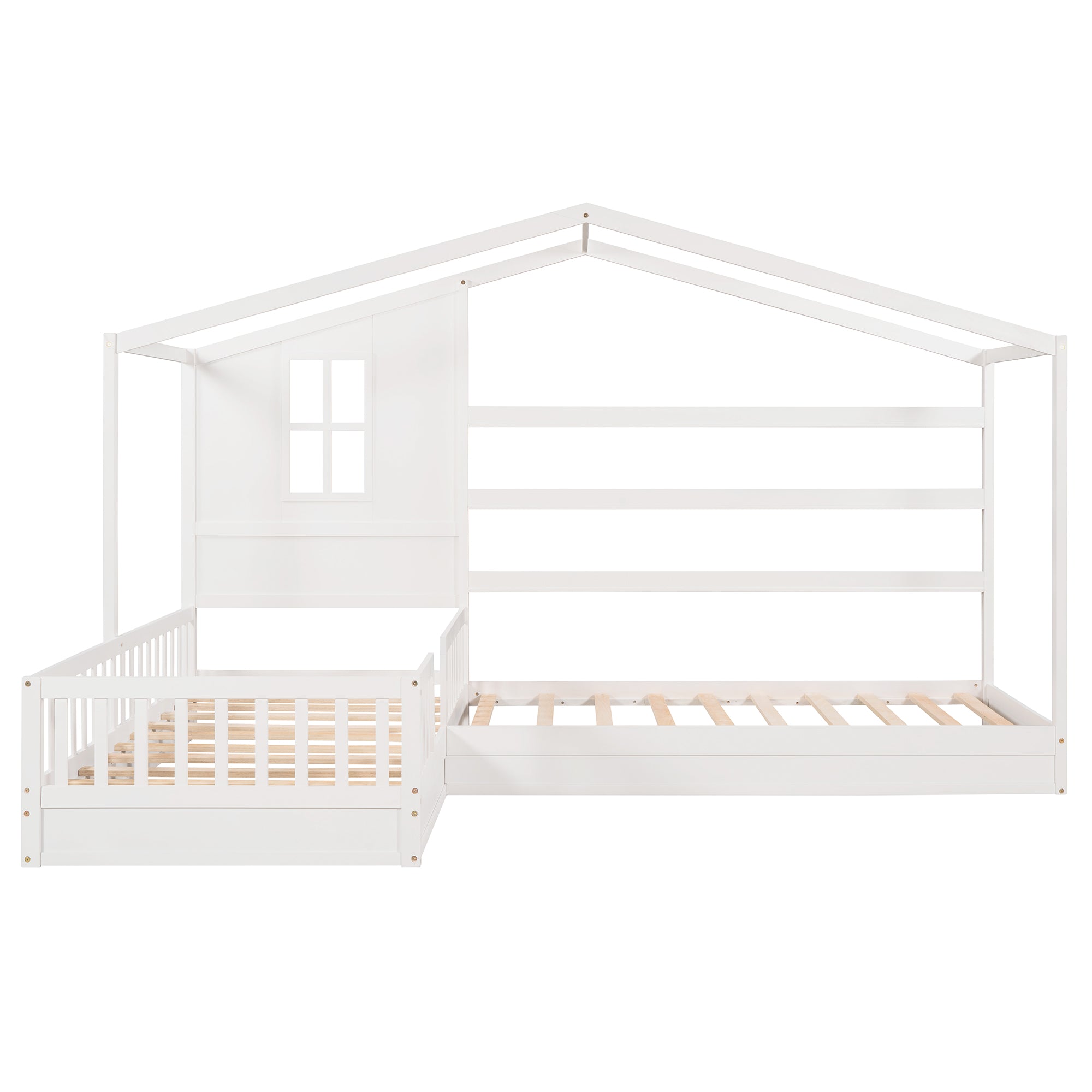 Wood House Bed Twin Size, 2 Twin Solid Bed L structure with fence and slatted frame （White)