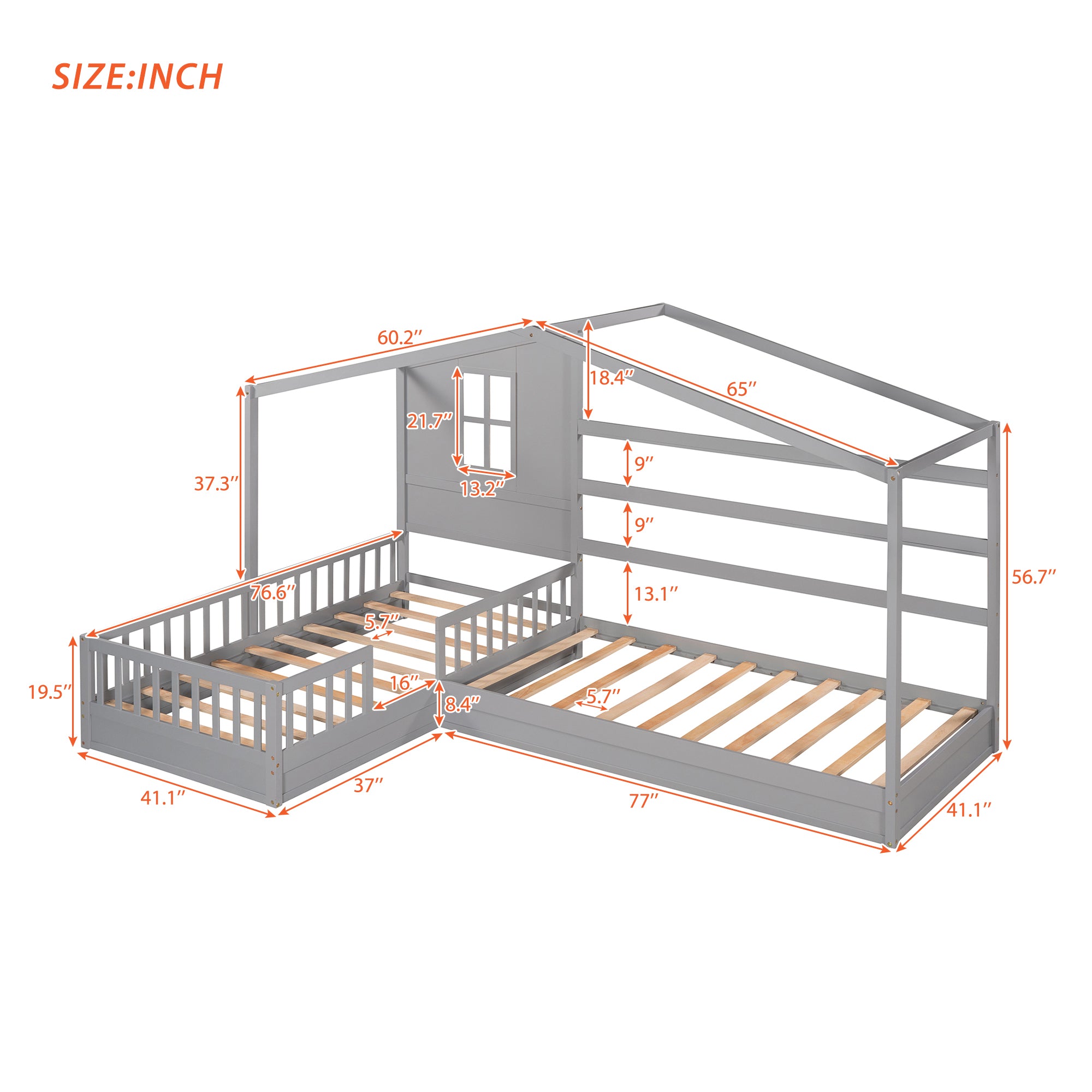 Wood House Bed Twin Size, 2 Twin Solid Bed L structure with fence and slatted frame （Gray)