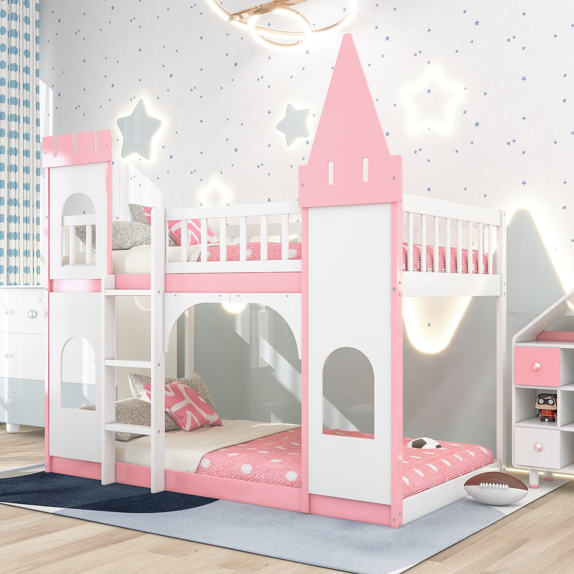 Twin Over Twin Castle Bunk Bed with Ladder - Pink