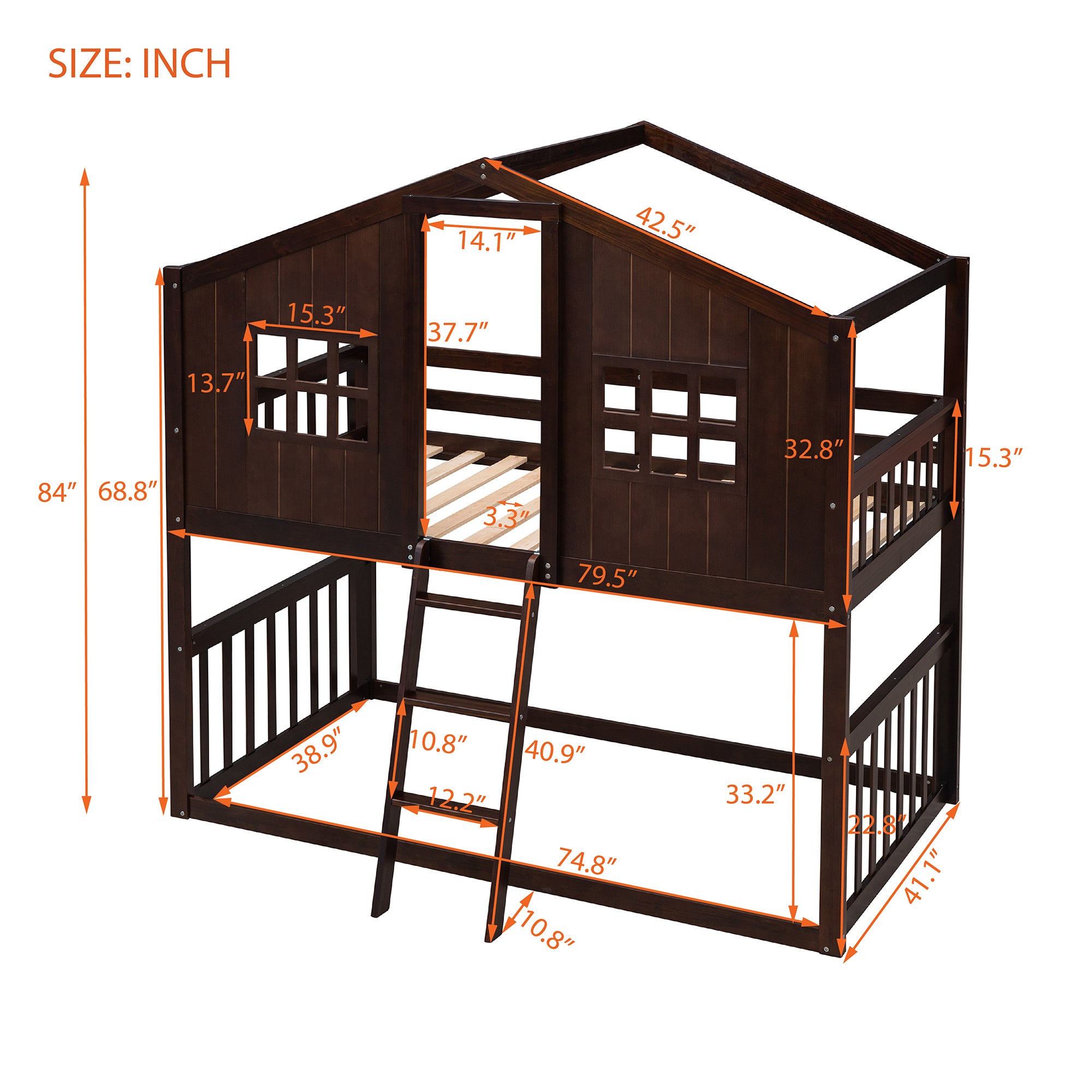 Twin Over Twin House Bunk Bed With Ladder, Wood Bed-Espresso