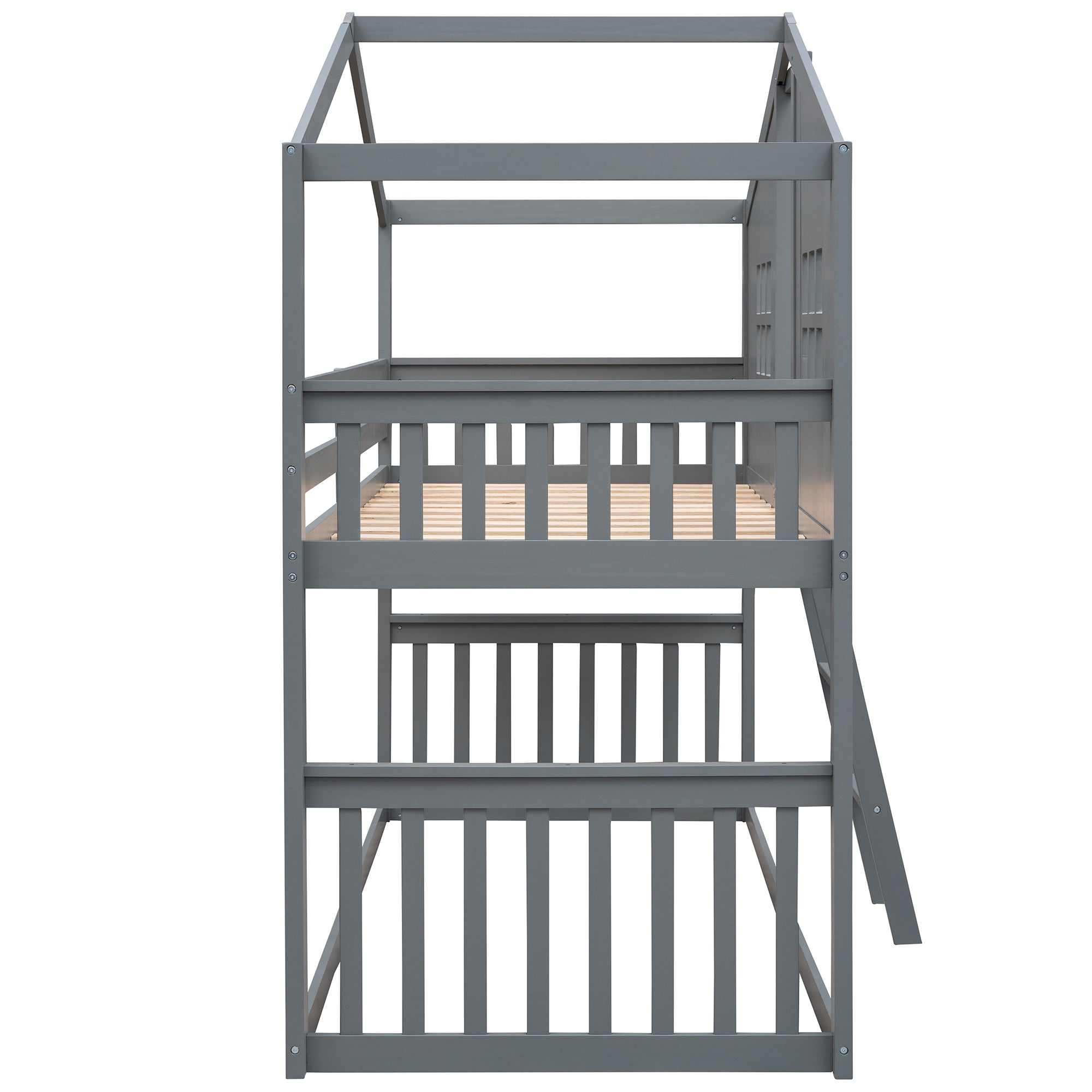 Twin Over Twin House Bunk Bed With Ladder, Wood Bed-Gray