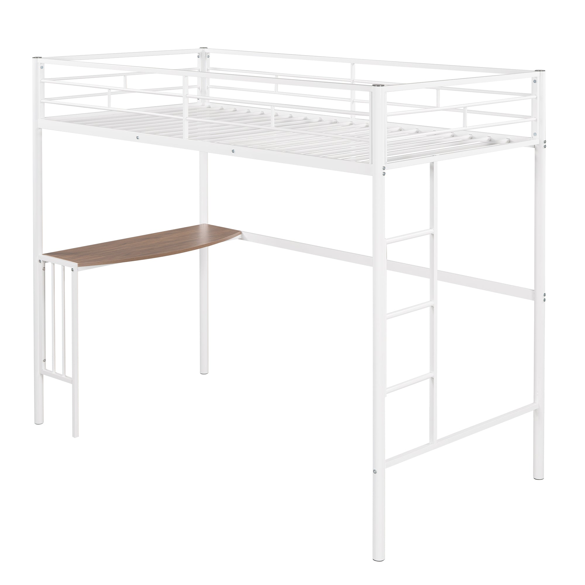 Twin Metal Bunk Bed with Desk, Ladder and Guardrails, Loft Bed for Bedroom, White