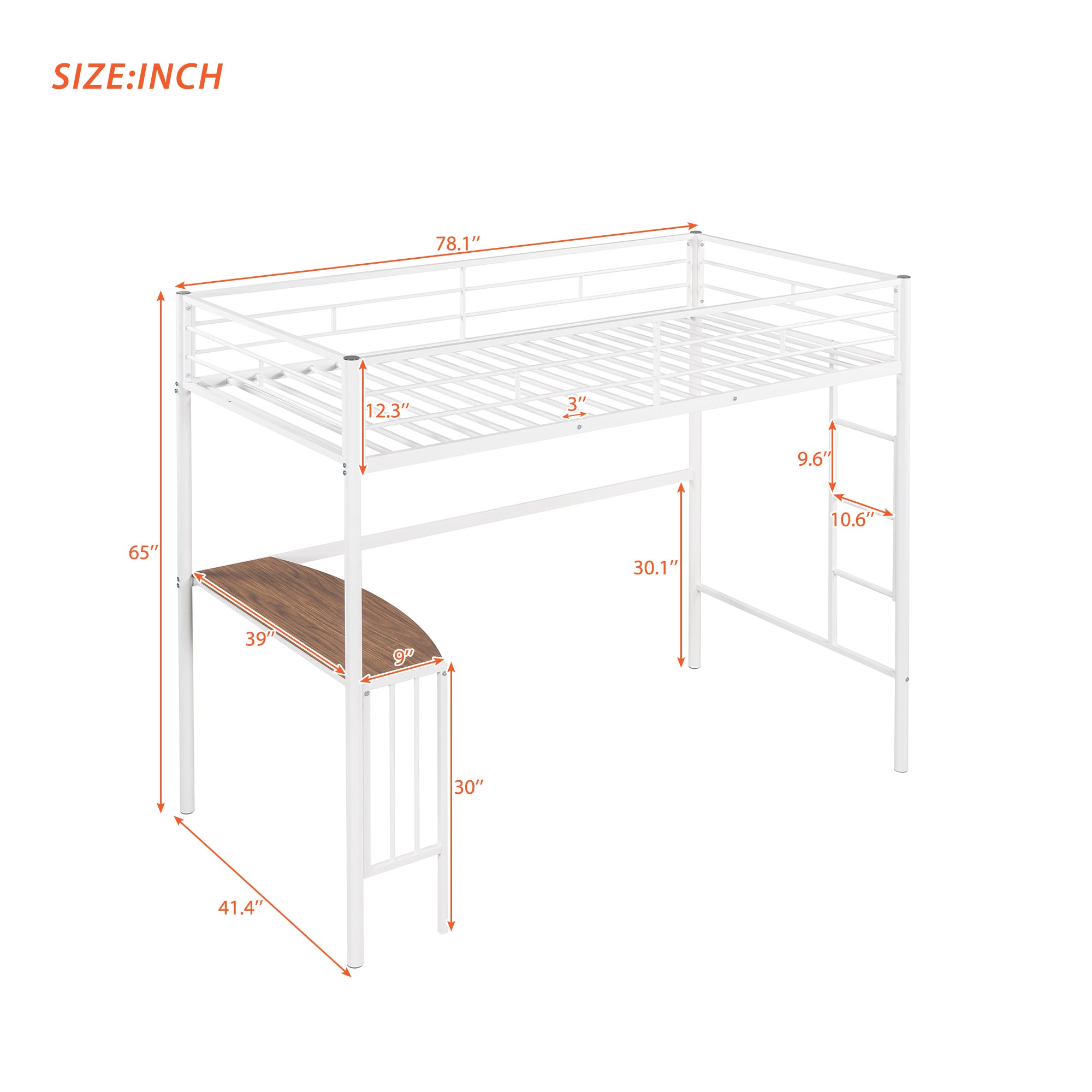 Twin Metal Bunk Bed with Desk, Ladder and Guardrails, Loft Bed for Bedroom, White