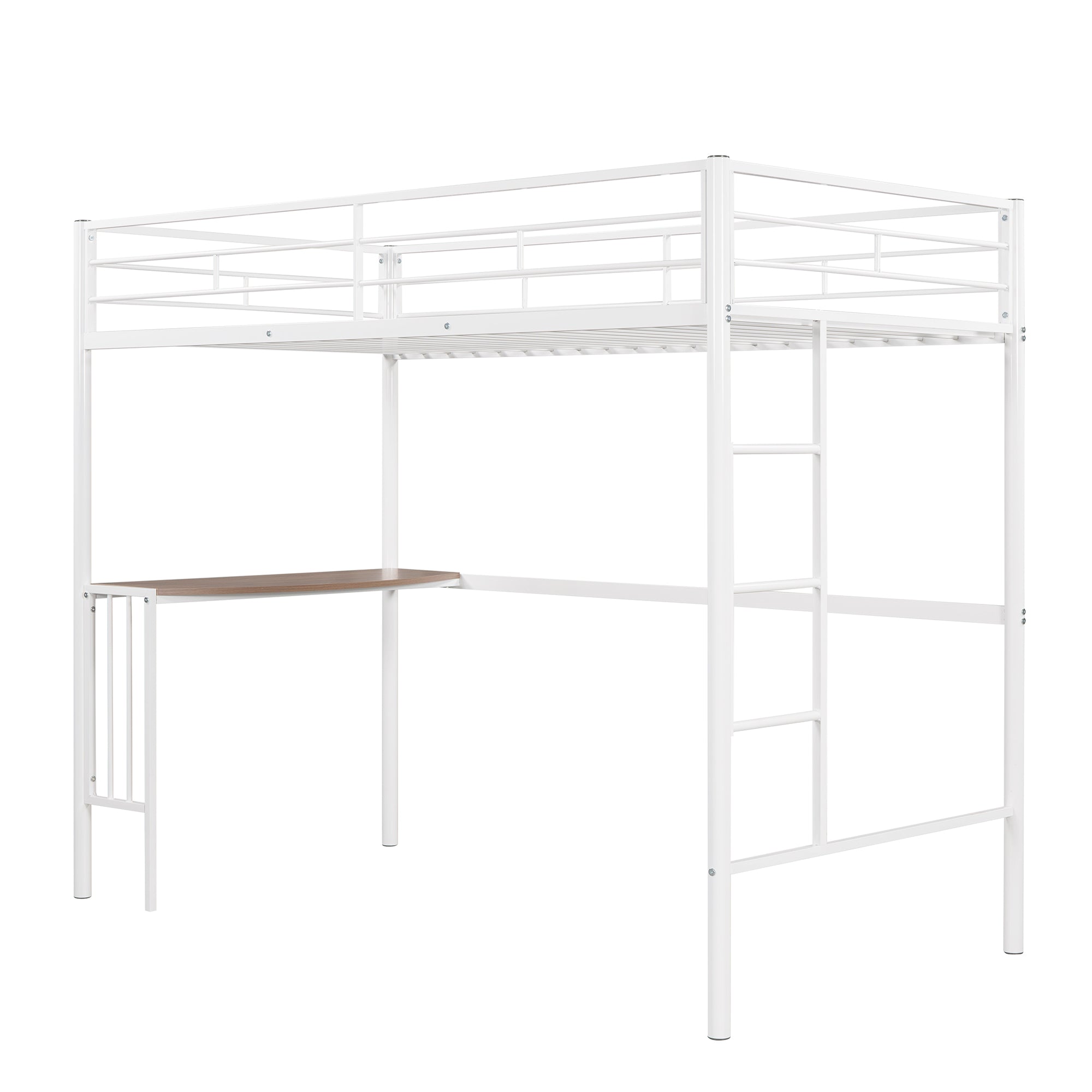 Twin Metal Bunk Bed with Desk, Ladder and Guardrails, Loft Bed for Bedroom, White