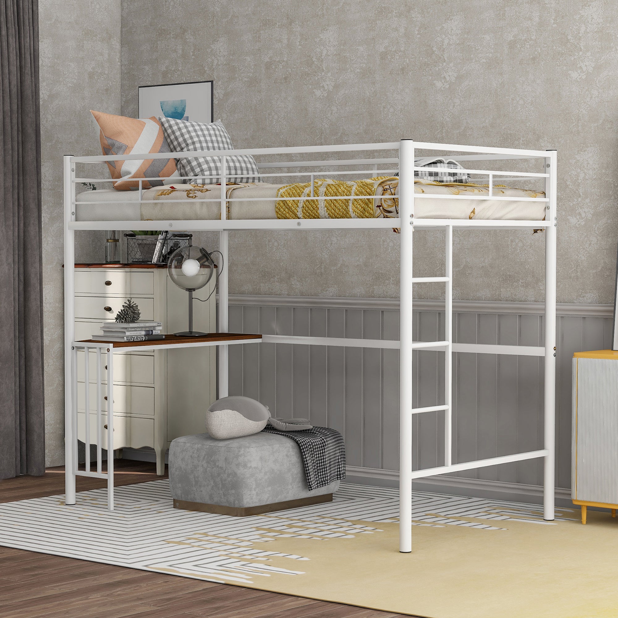 Twin Metal Bunk Bed with Desk, Ladder and Guardrails, Loft Bed for Bedroom, White