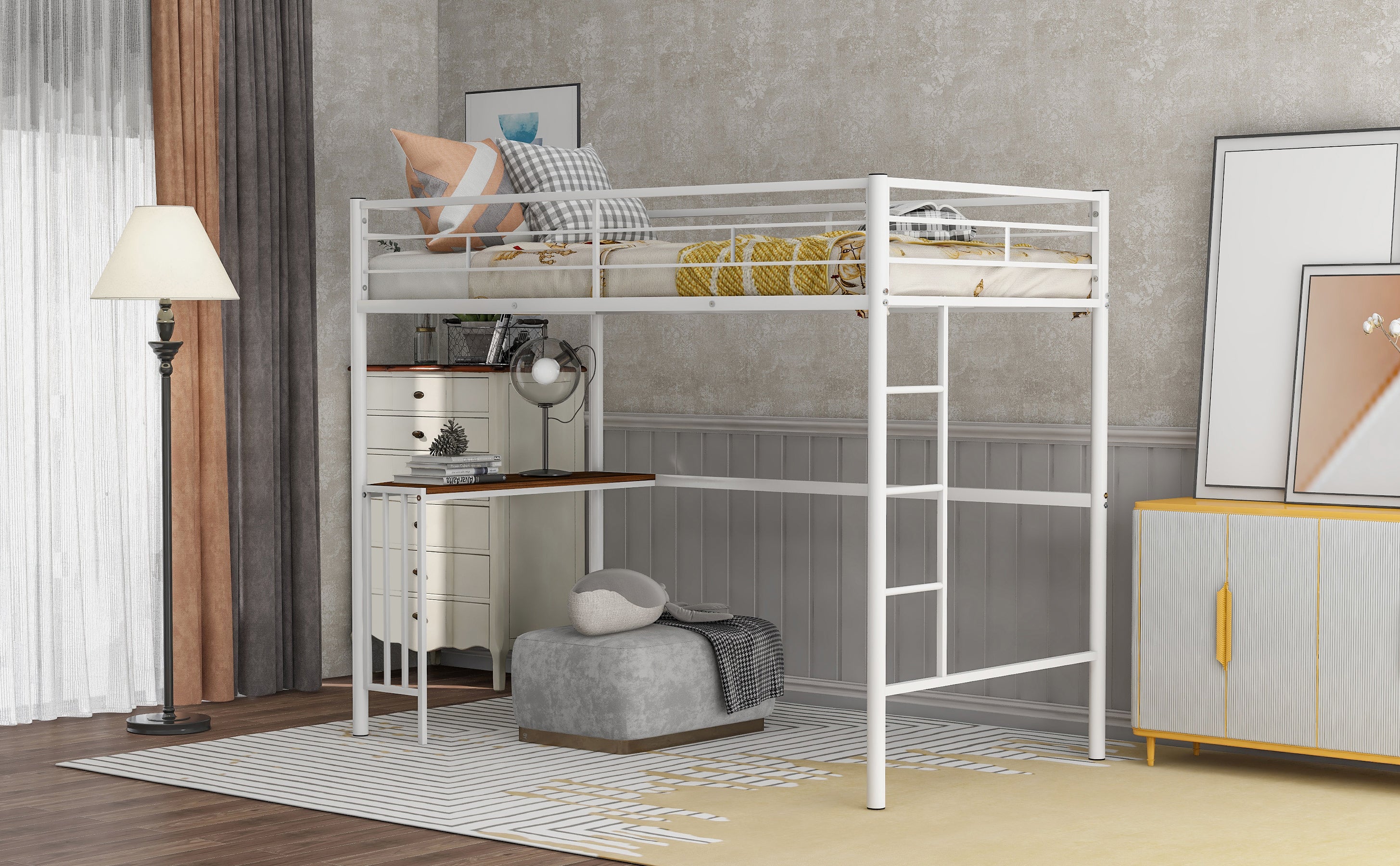 Twin Metal Bunk Bed with Desk, Ladder and Guardrails, Loft Bed for Bedroom, White