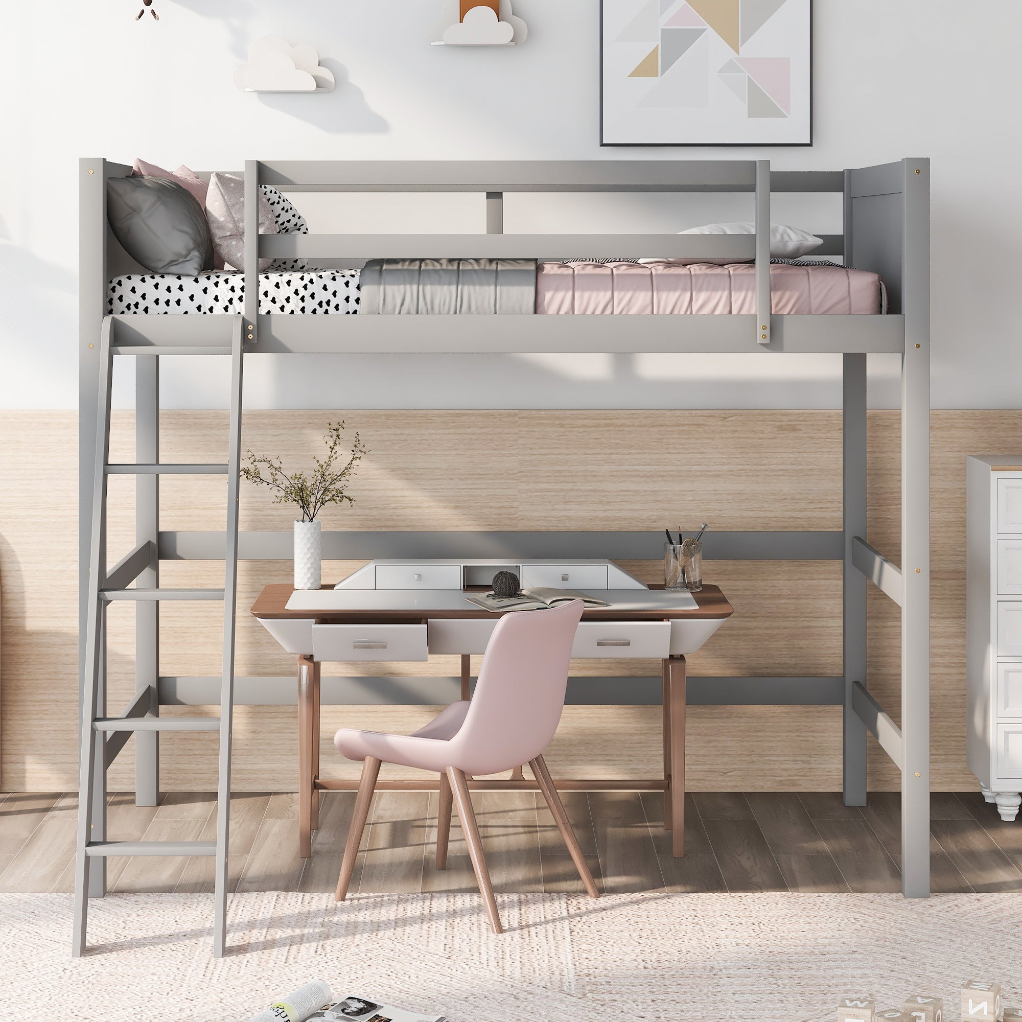 Solid Wood Twin Size Loft Bed with Ladder(Gray)