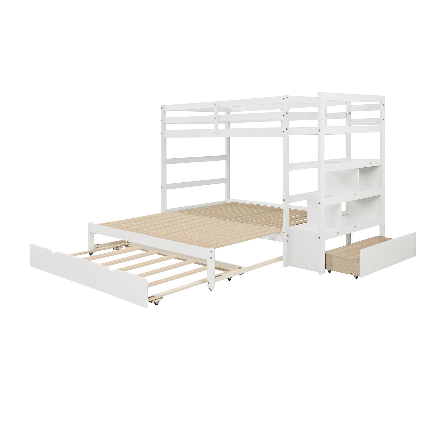 Twin over Twin/King (Irregular King Size) Bunk Bed with Twin Size Trundle, Extendable Bunk Bed   (White)