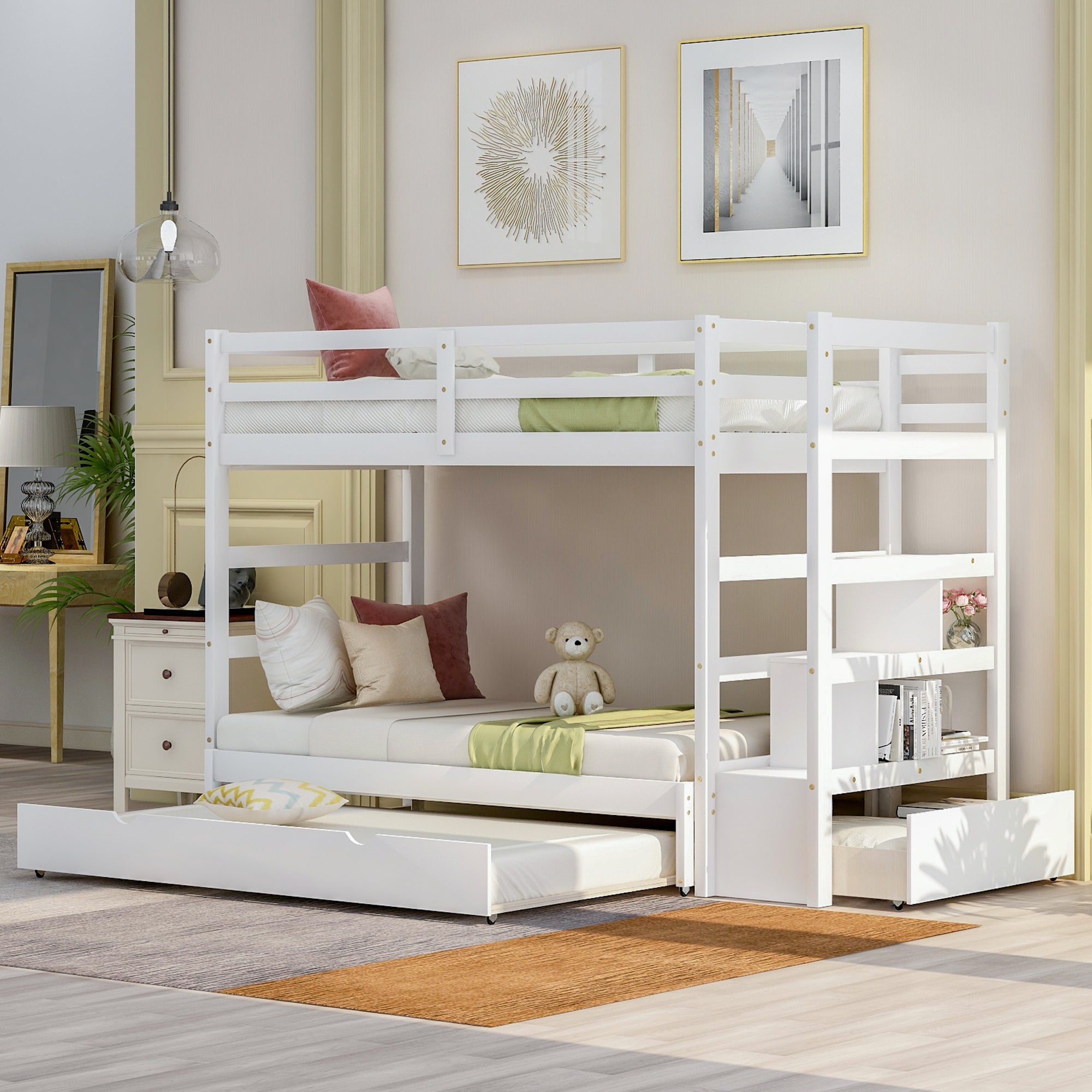 Twin over Twin/King (Irregular King Size) Bunk Bed with Twin Size Trundle, Extendable Bunk Bed   (White)