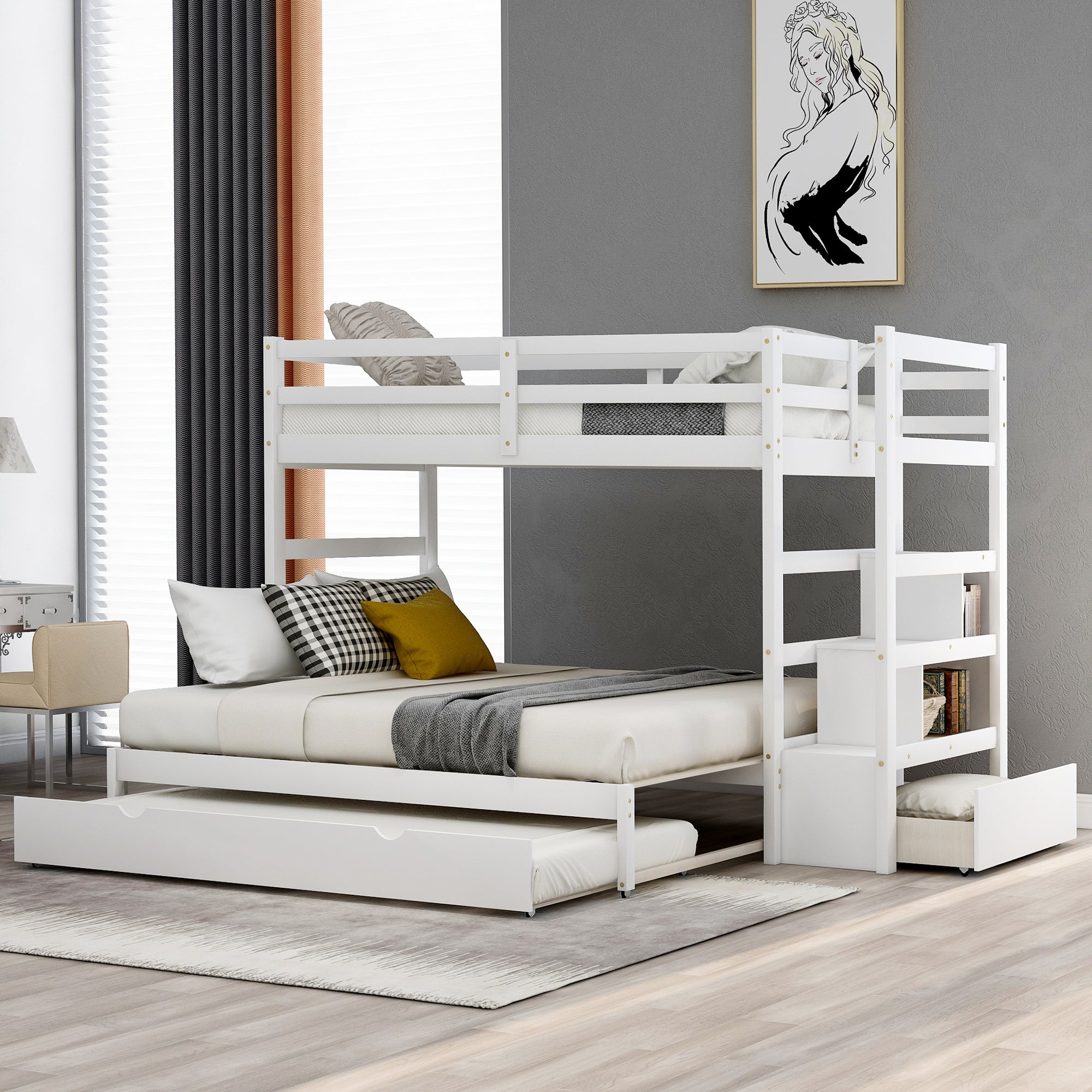 Twin over Twin/King (Irregular King Size) Bunk Bed with Twin Size Trundle, Extendable Bunk Bed   (White)