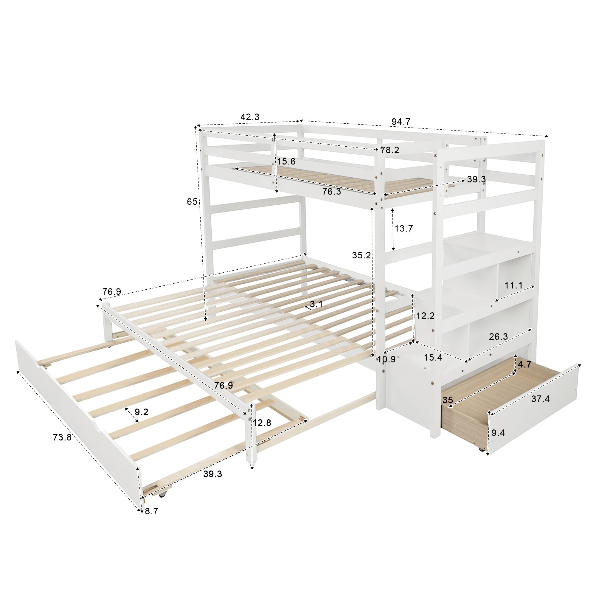 Twin over Twin/King (Irregular King Size) Bunk Bed with Twin Size Trundle, Extendable Bunk Bed   (White)