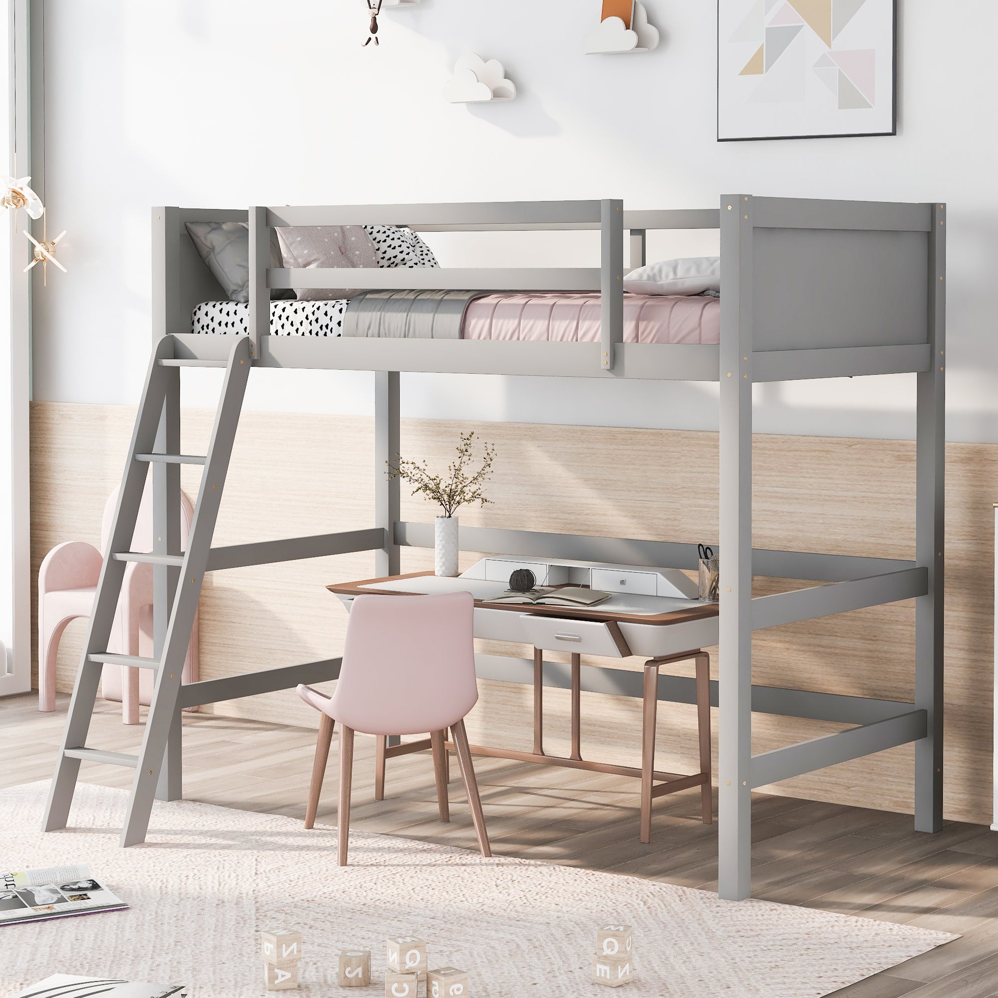 Solid Wood Twin Size Loft Bed with Ladder(Gray)