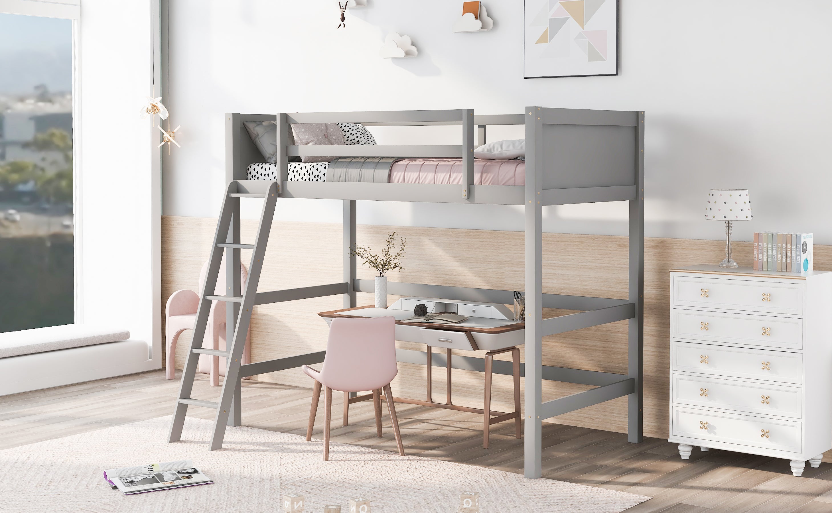 Solid Wood Twin Size Loft Bed with Ladder(Gray)