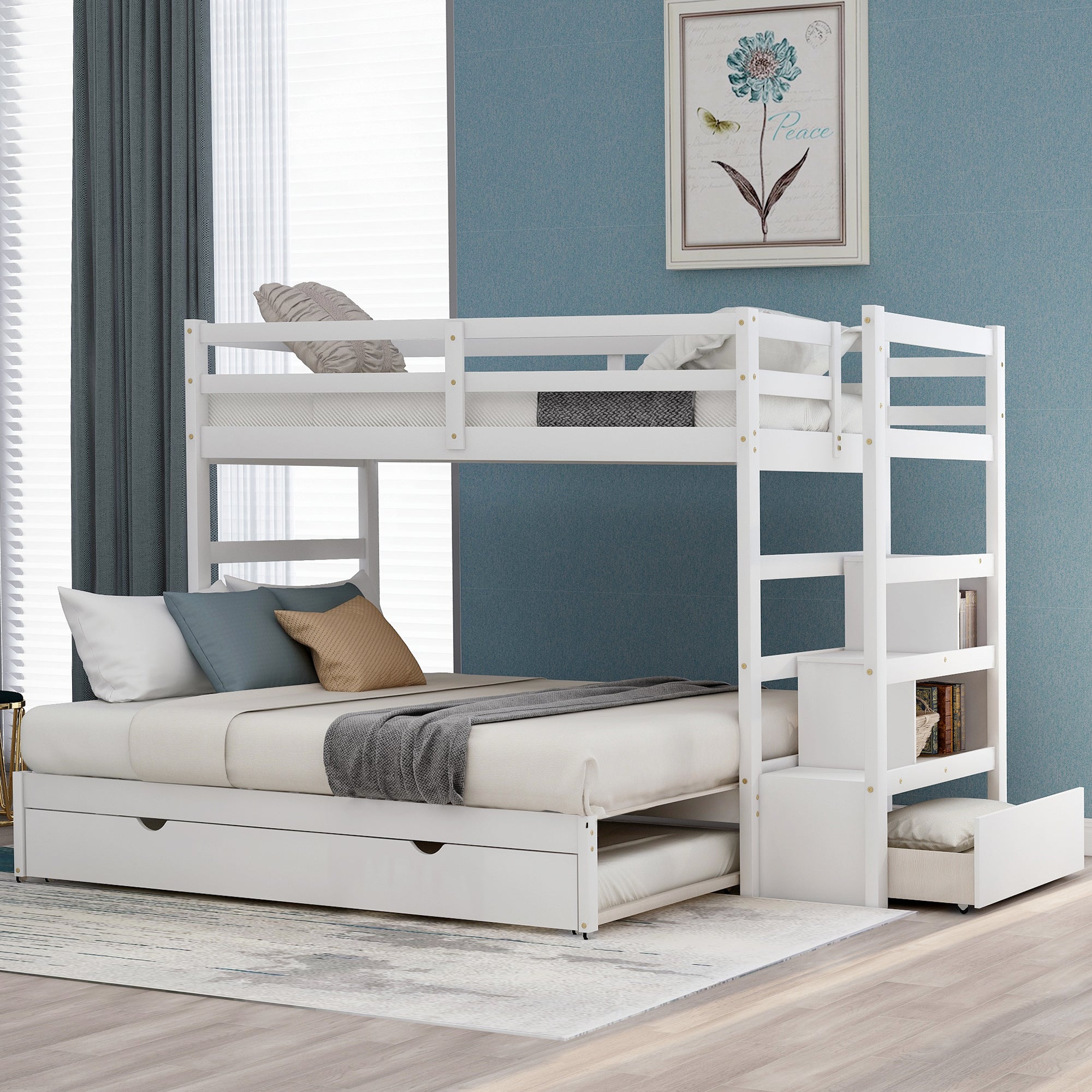 Twin over Twin/King (Irregular King Size) Bunk Bed with Twin Size Trundle, Extendable Bunk Bed   (White)