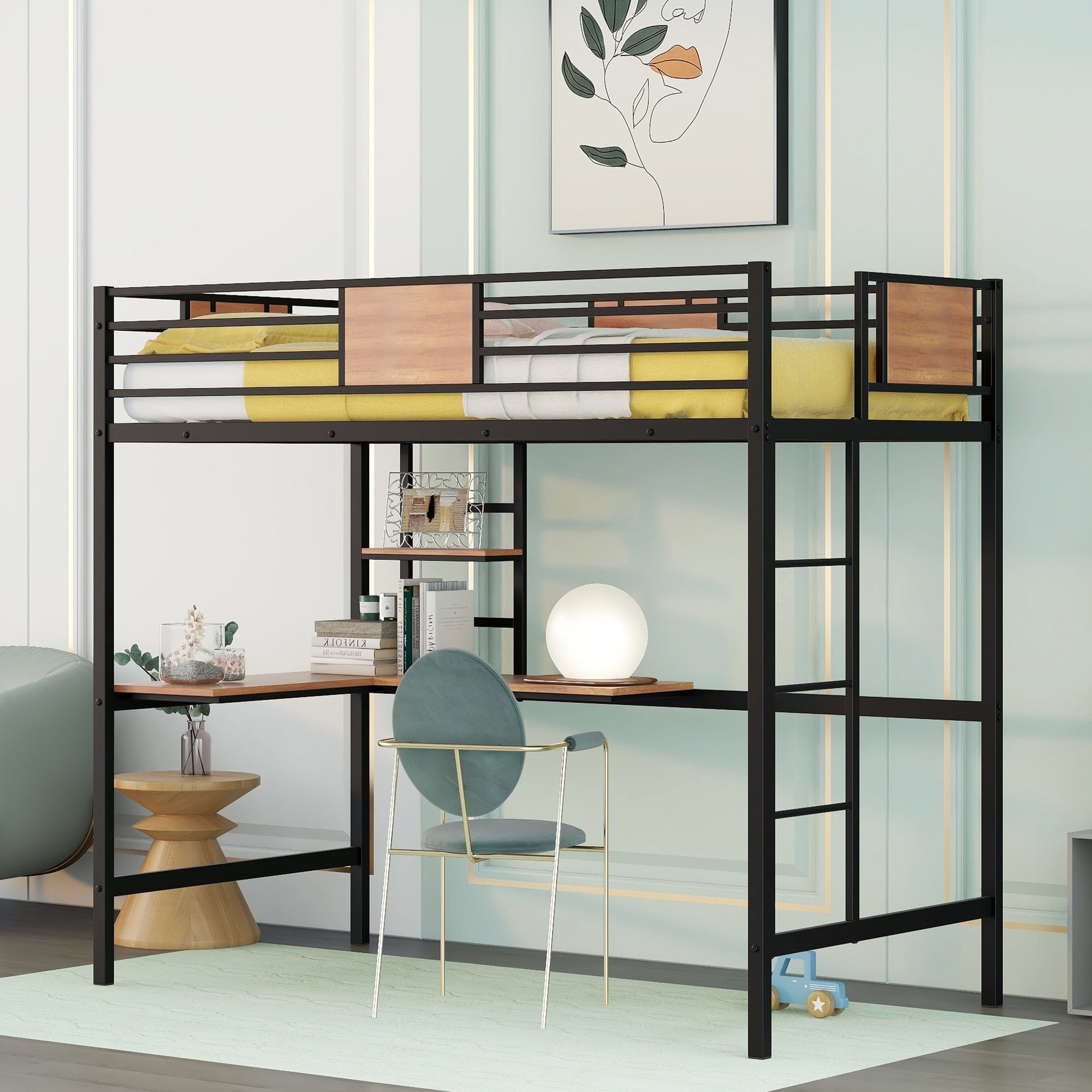 Twin Metal Loft Bed with Desk and Shelve,Black