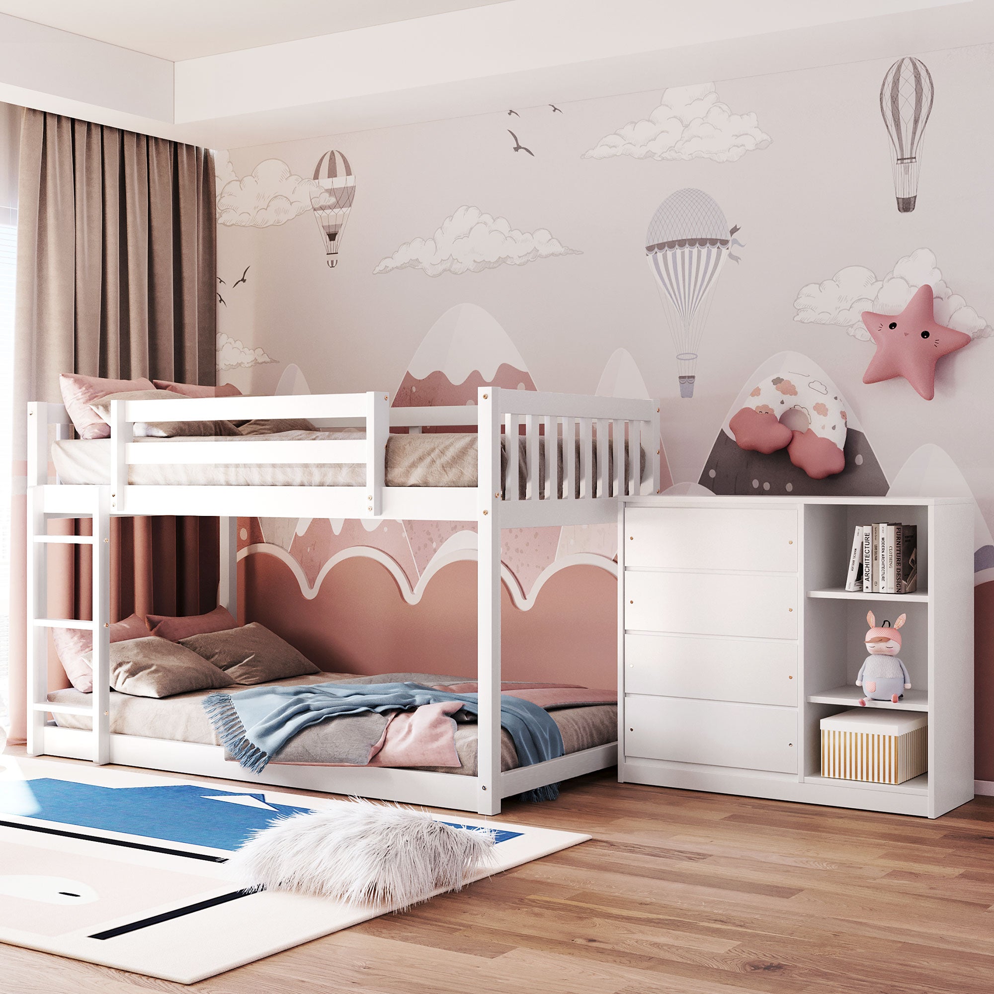 Twin over Twin Bunk Bed with 4 Drawers and 3 Shelves-White