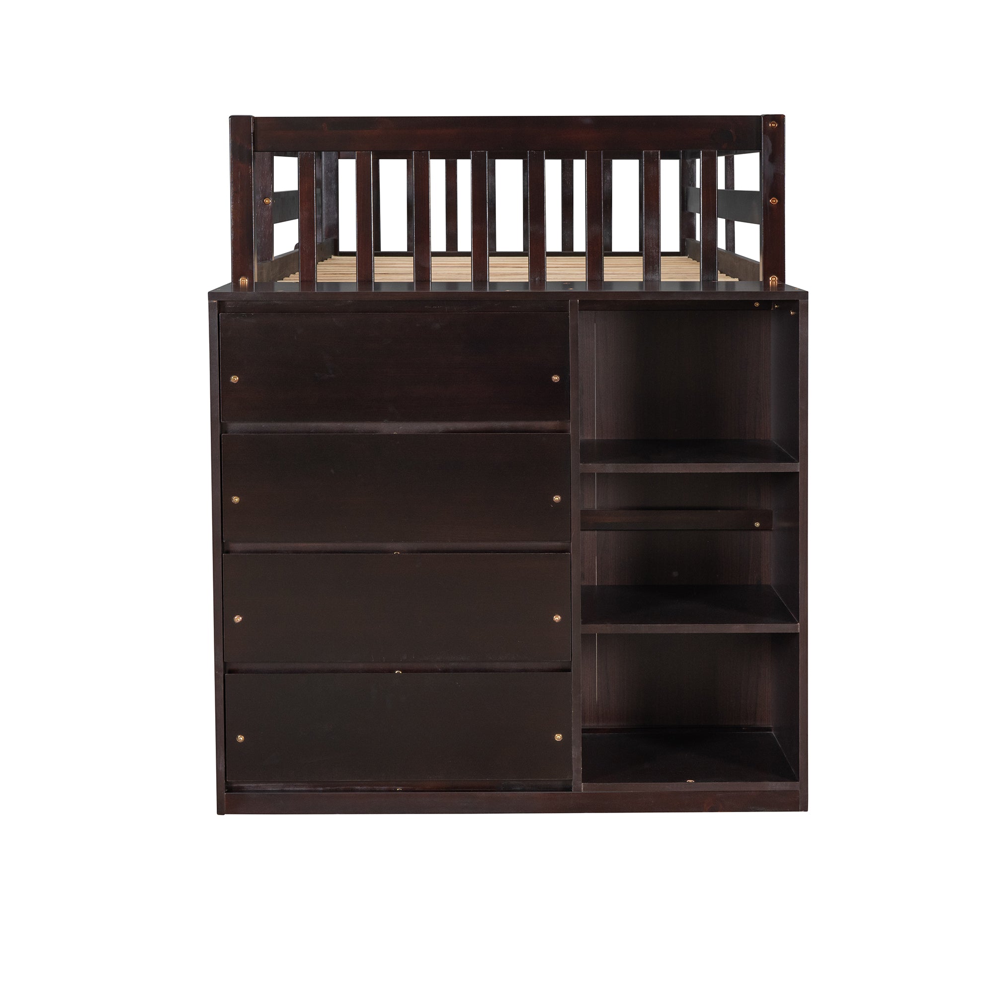 Twin over Twin Bunk Bed with 4 Drawers and 3 Shelves-Espresso