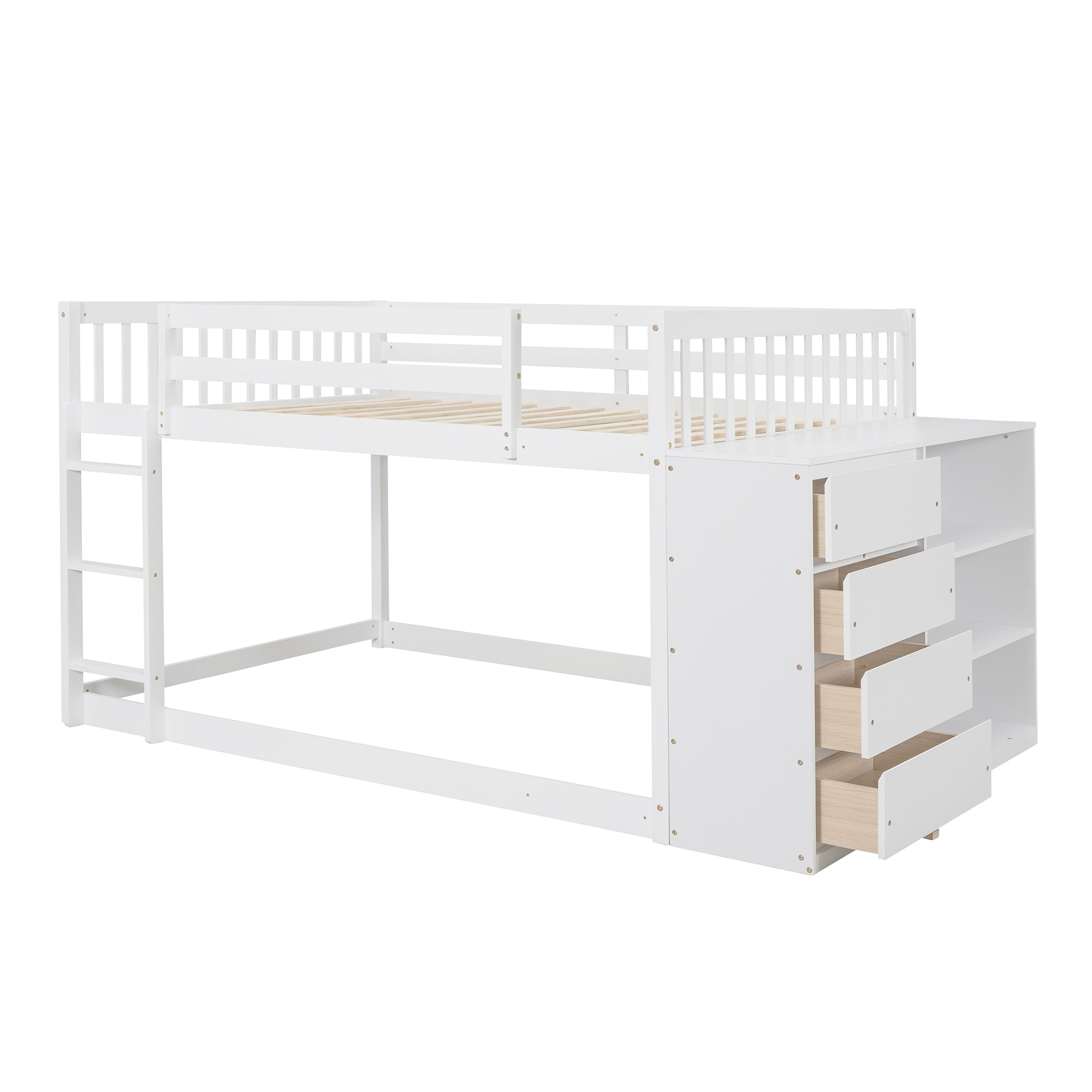 Full over Full Bunk Bed with 4 Drawers and 3 Shelves-White