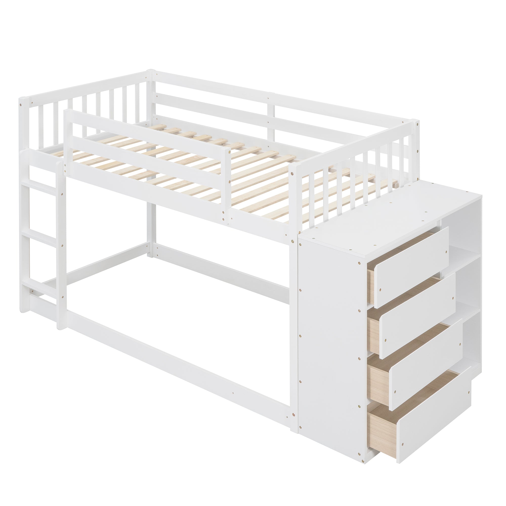 Twin over Twin Bunk Bed with 4 Drawers and 3 Shelves-White