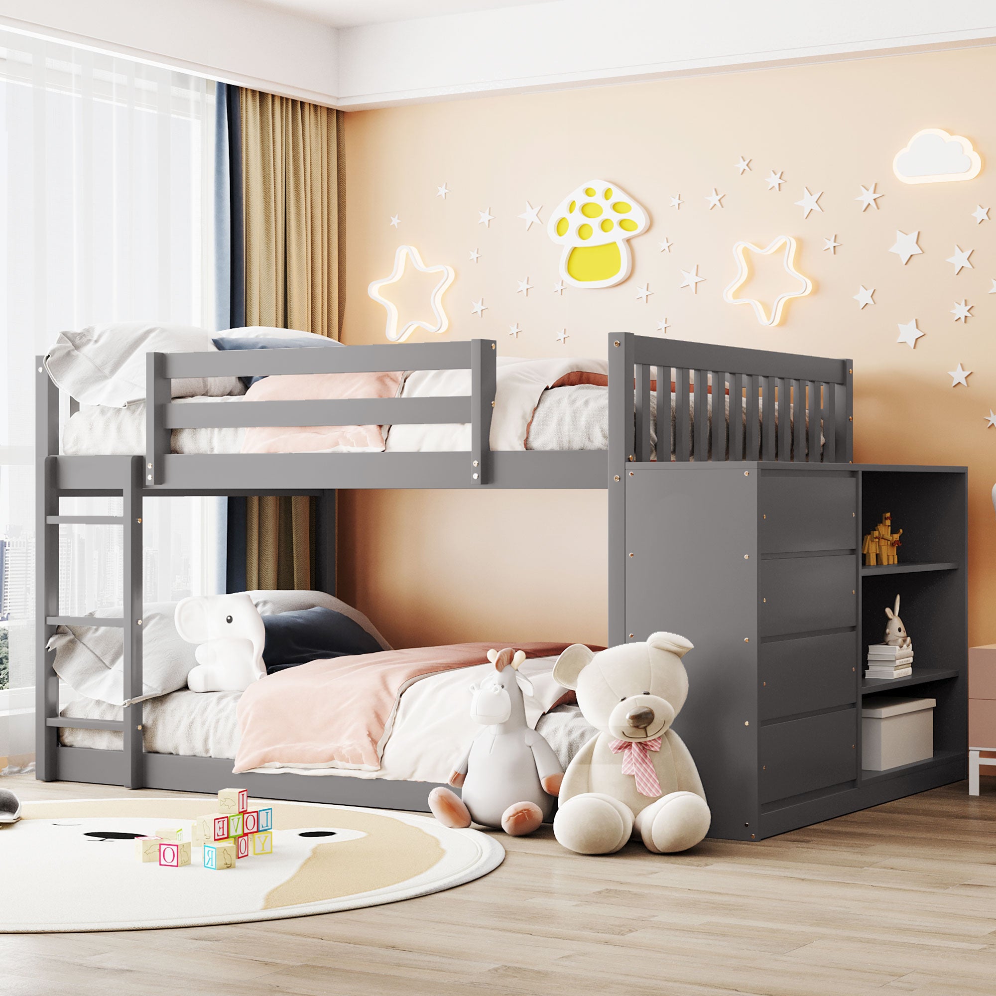 Full over Full Bunk Bed with 4 Drawers and 3 Shelves-Gray