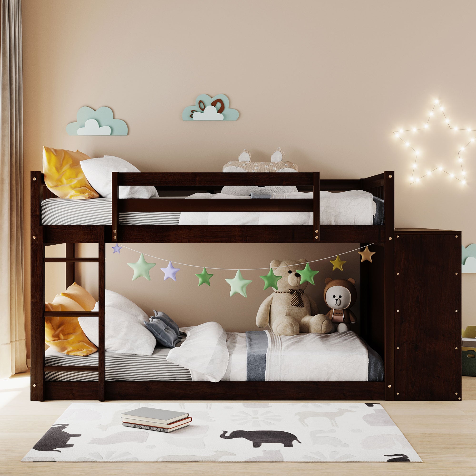 Twin over Twin Bunk Bed with 4 Drawers and 3 Shelves-Espresso