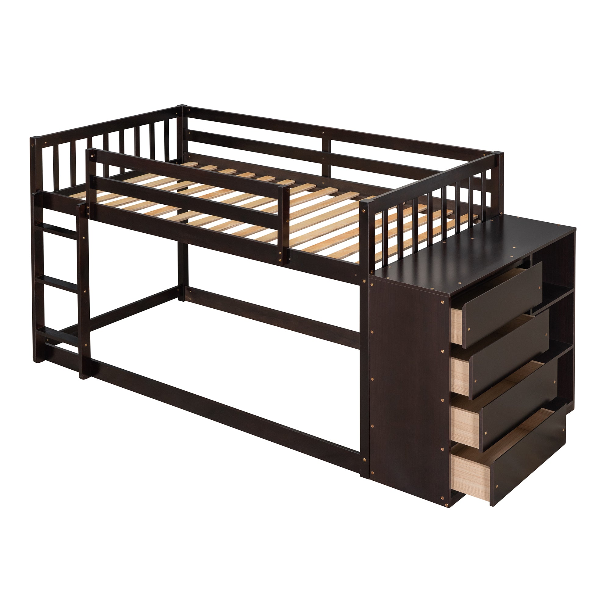 Twin over Twin Bunk Bed with 4 Drawers and 3 Shelves-Espresso