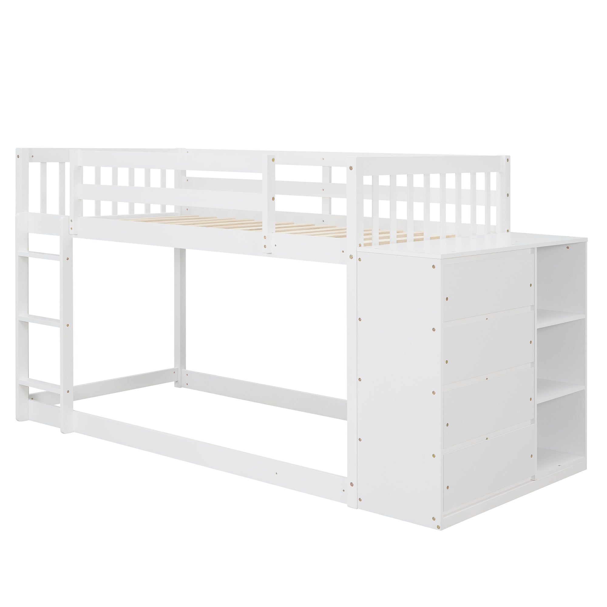 Twin over Twin Bunk Bed with 4 Drawers and 3 Shelves-White