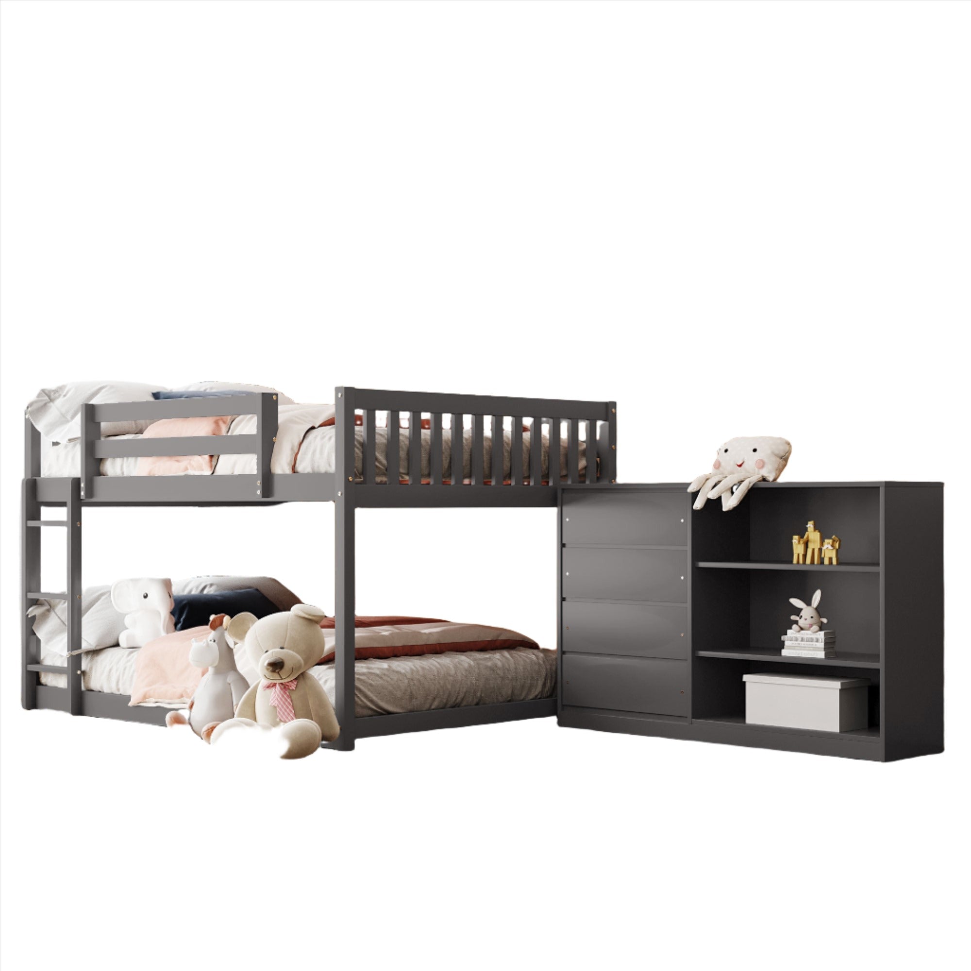 Full over Full Bunk Bed with 4 Drawers and 3 Shelves-Gray