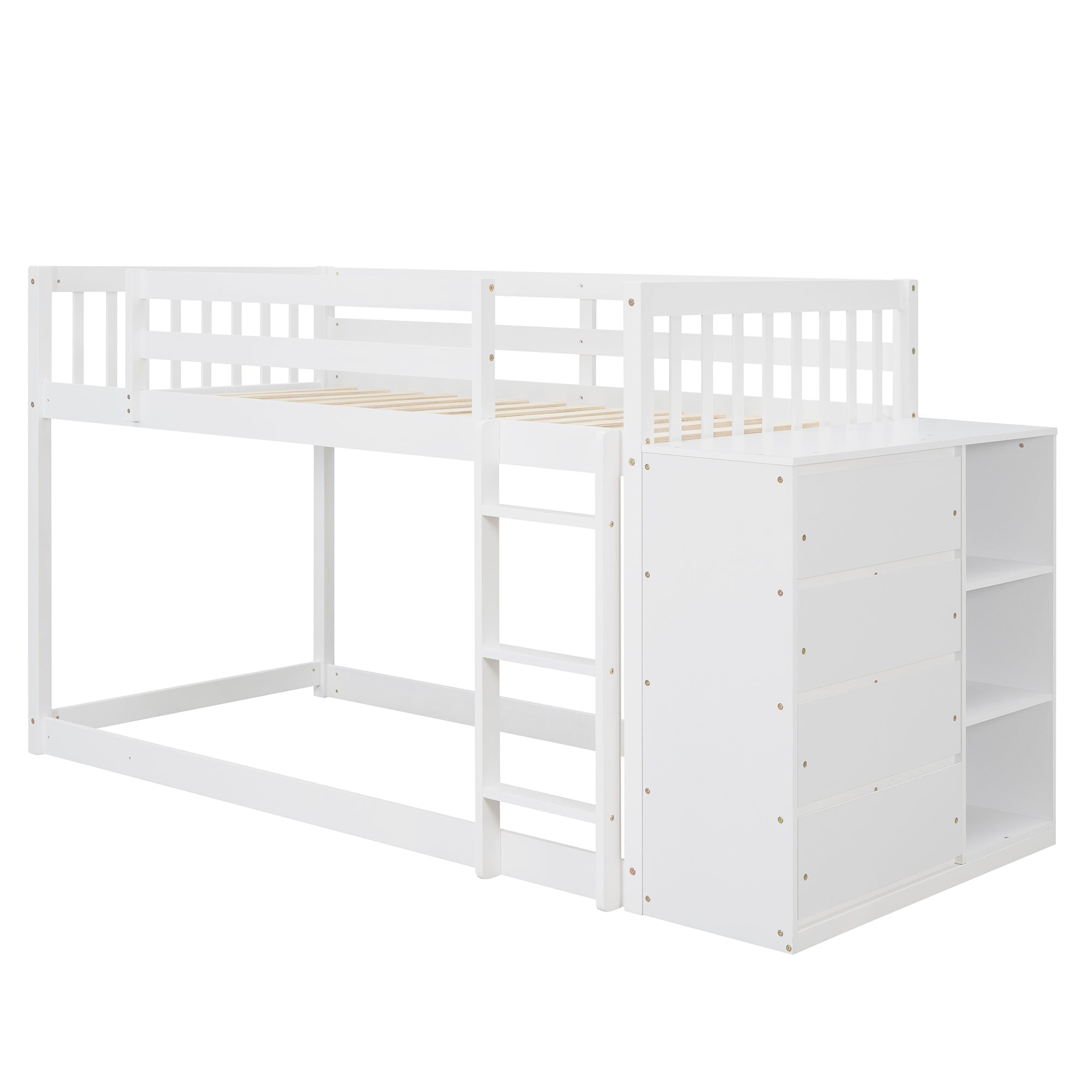 Twin over Twin Bunk Bed with 4 Drawers and 3 Shelves-White