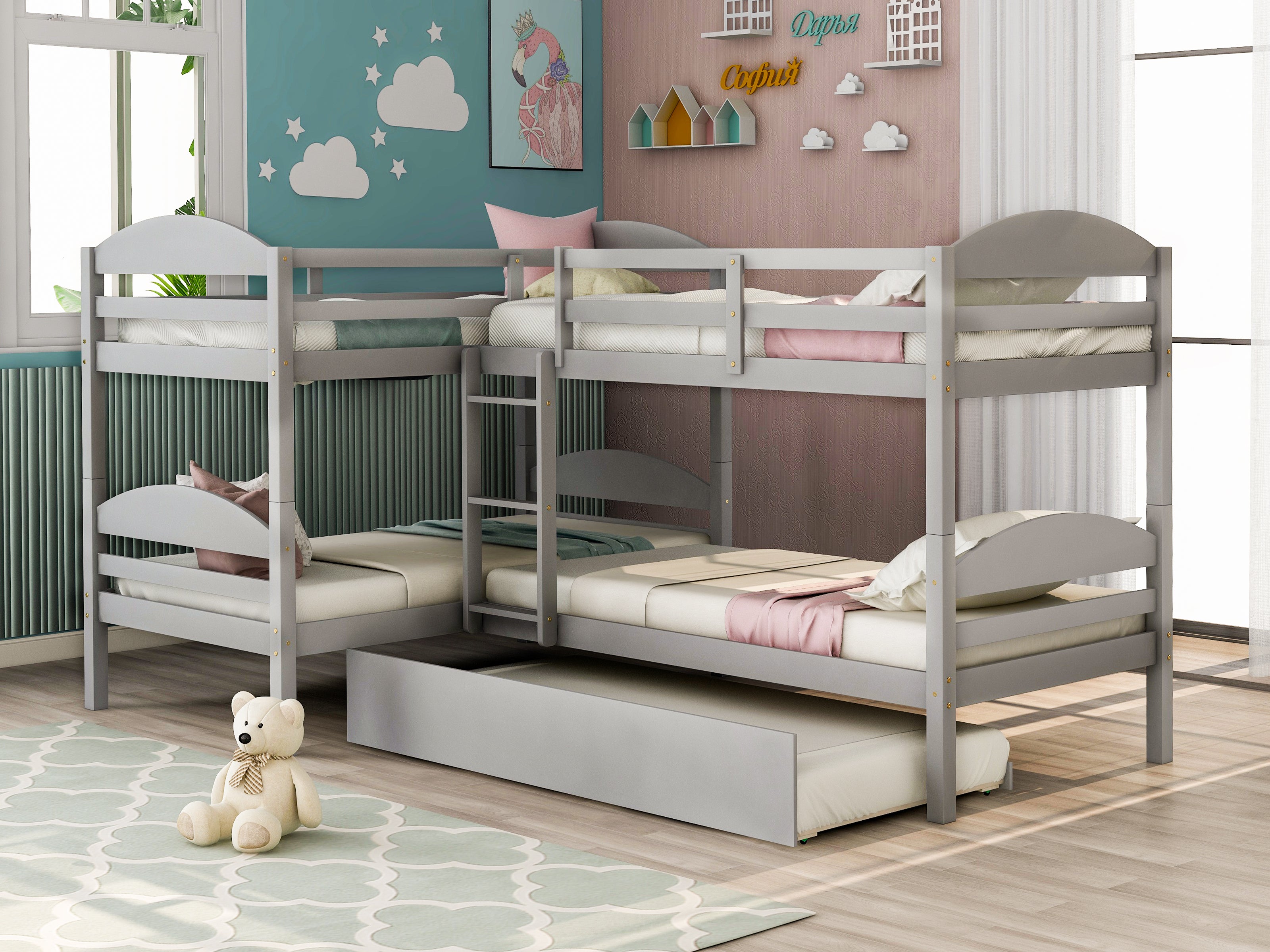 Twin L-Shaped Bunk bed with Trundle-Gray