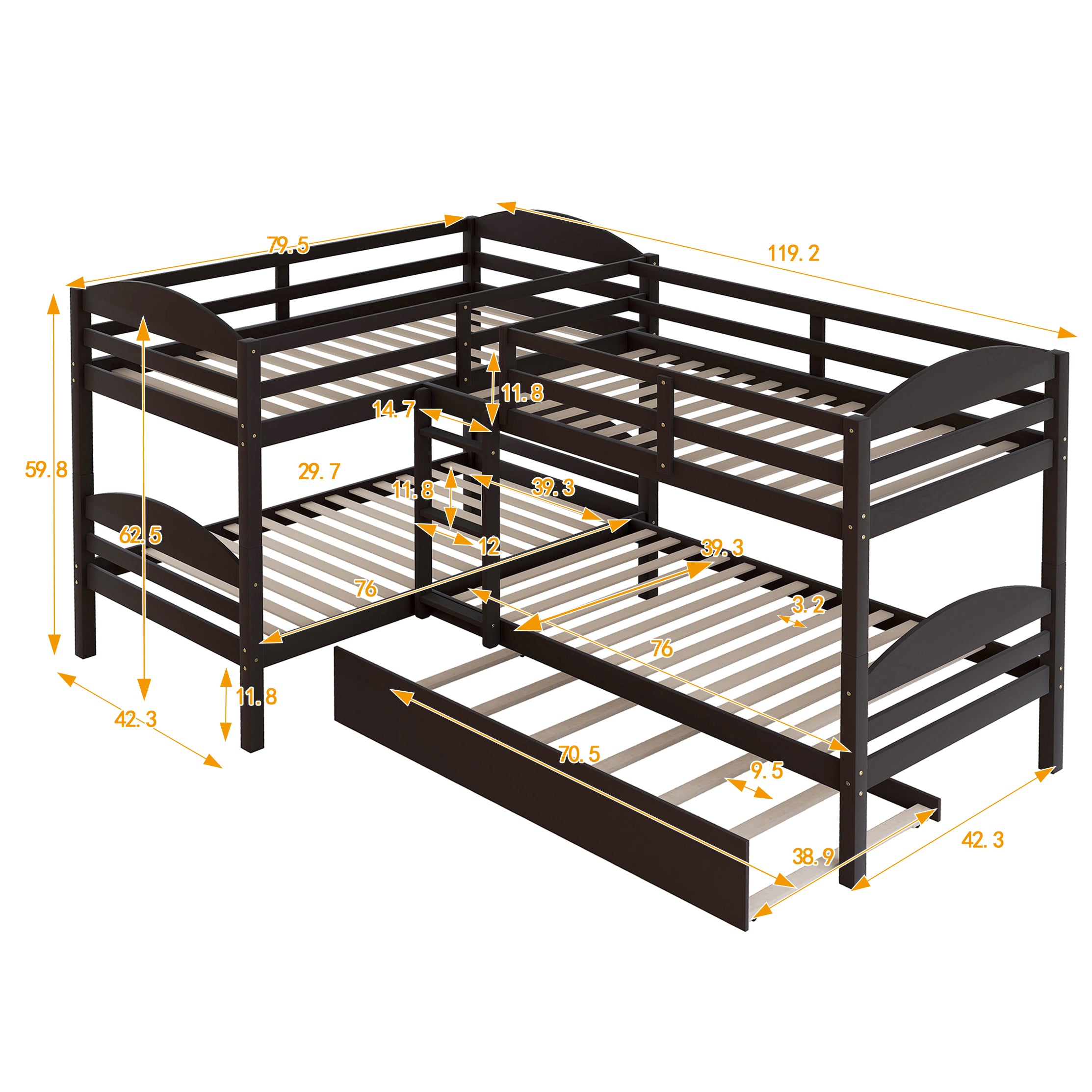 Twin L-Shaped Bunk bed with Trundle-Espresso