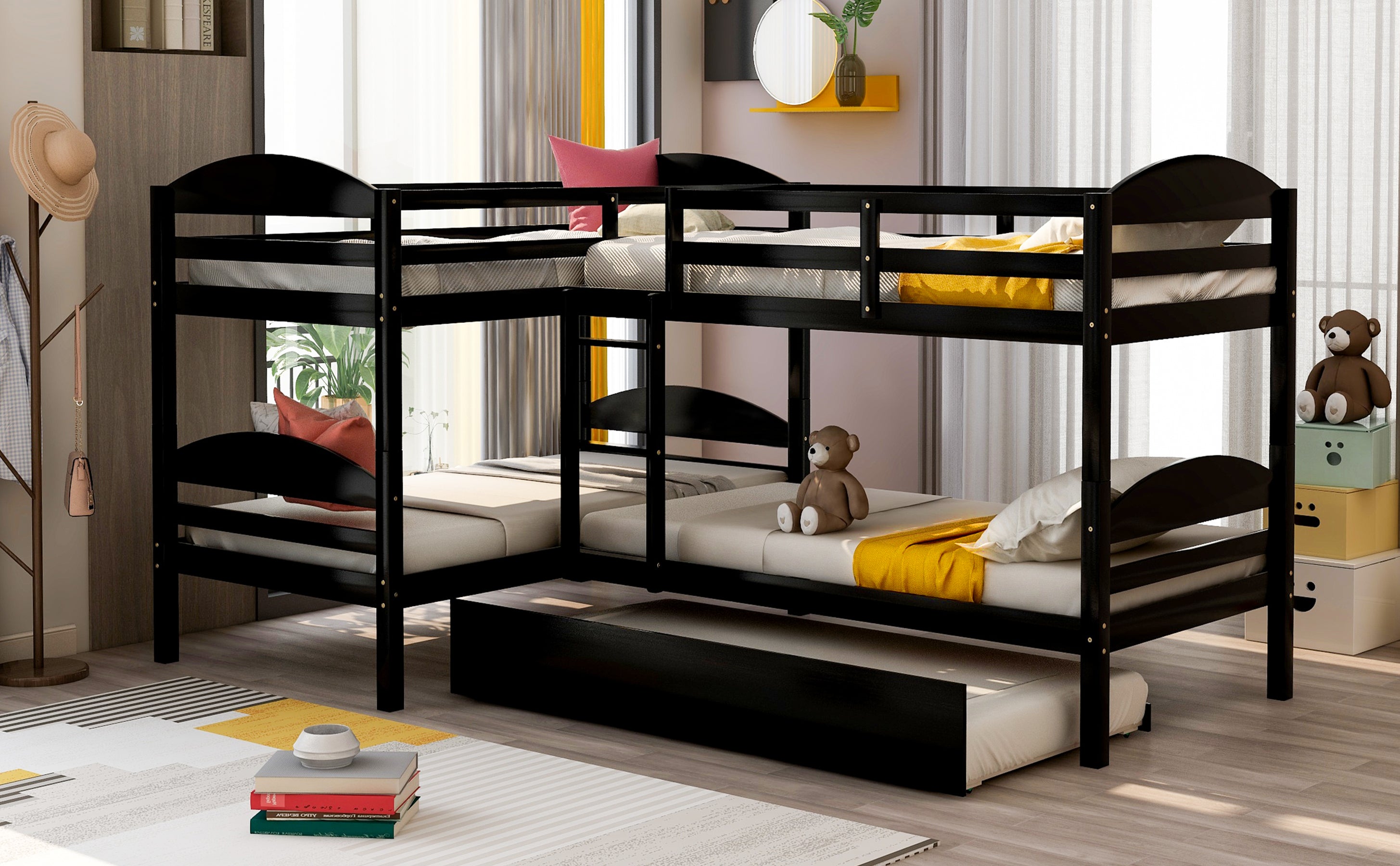 Twin L-Shaped Bunk bed with Trundle-Espresso