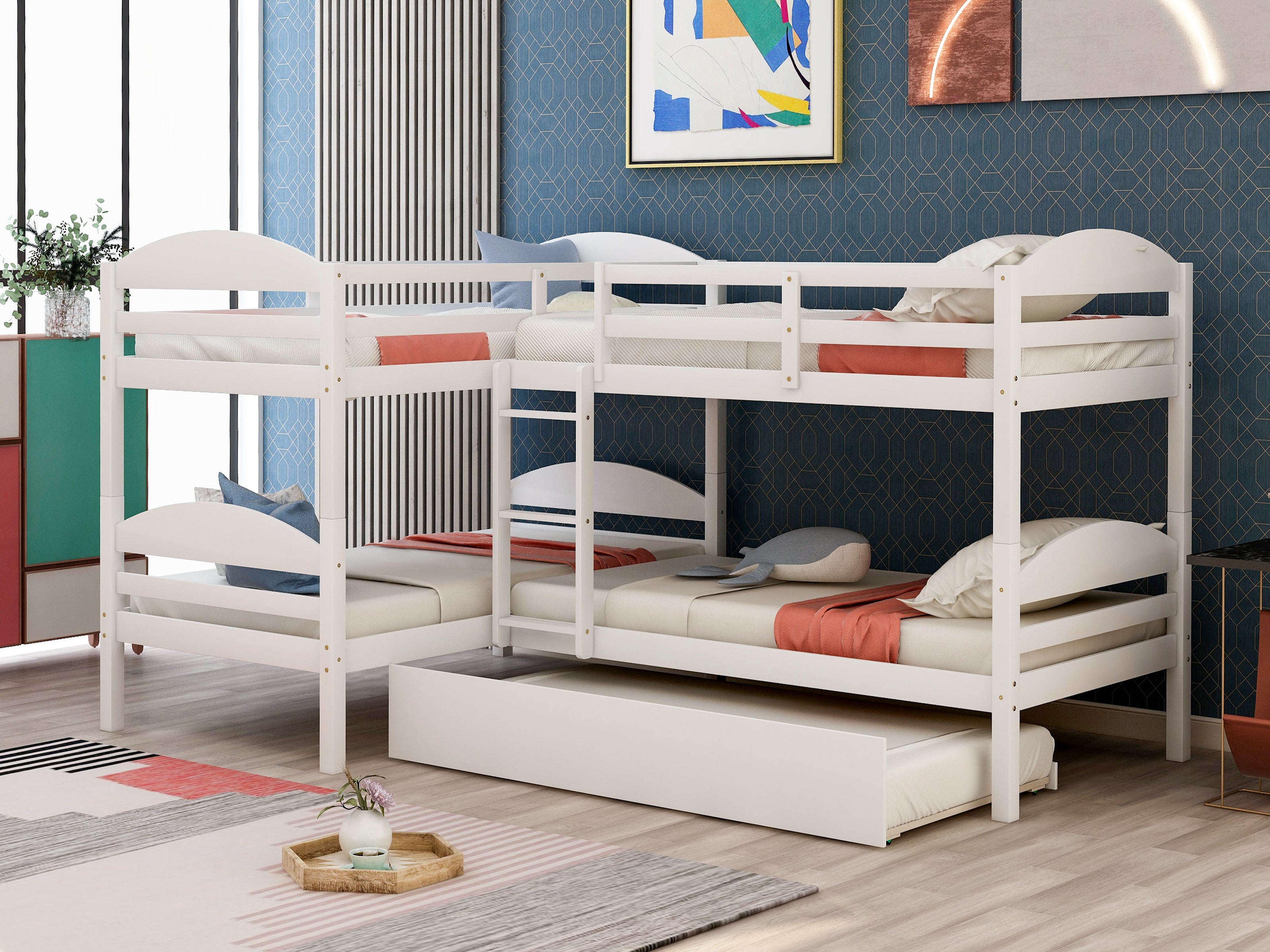 Twin L-Shaped Bunk bed with Trundle-White