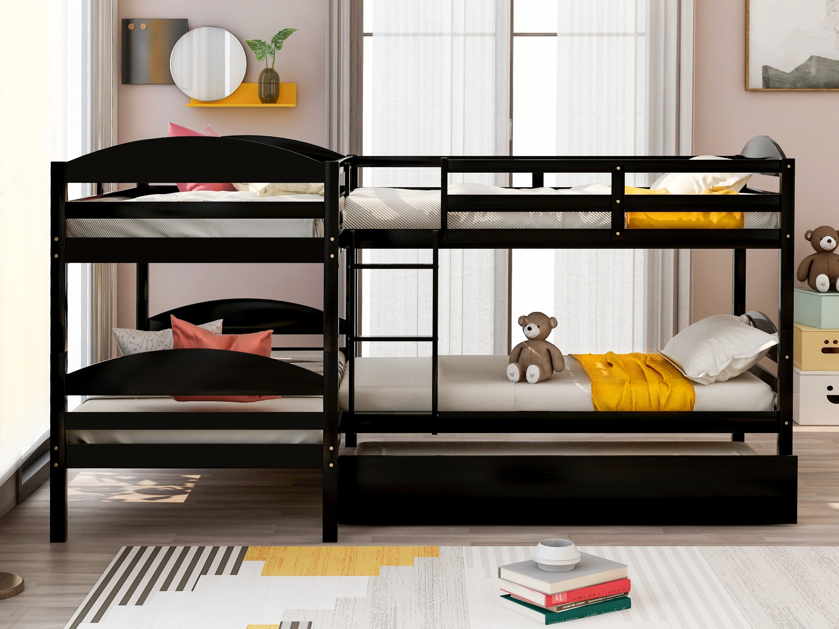 Twin L-Shaped Bunk bed with Trundle-Espresso