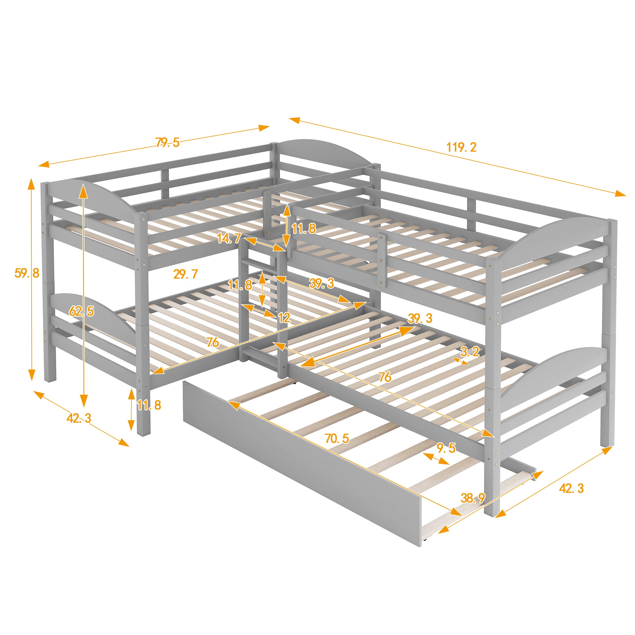 Twin L-Shaped Bunk bed with Trundle-Gray