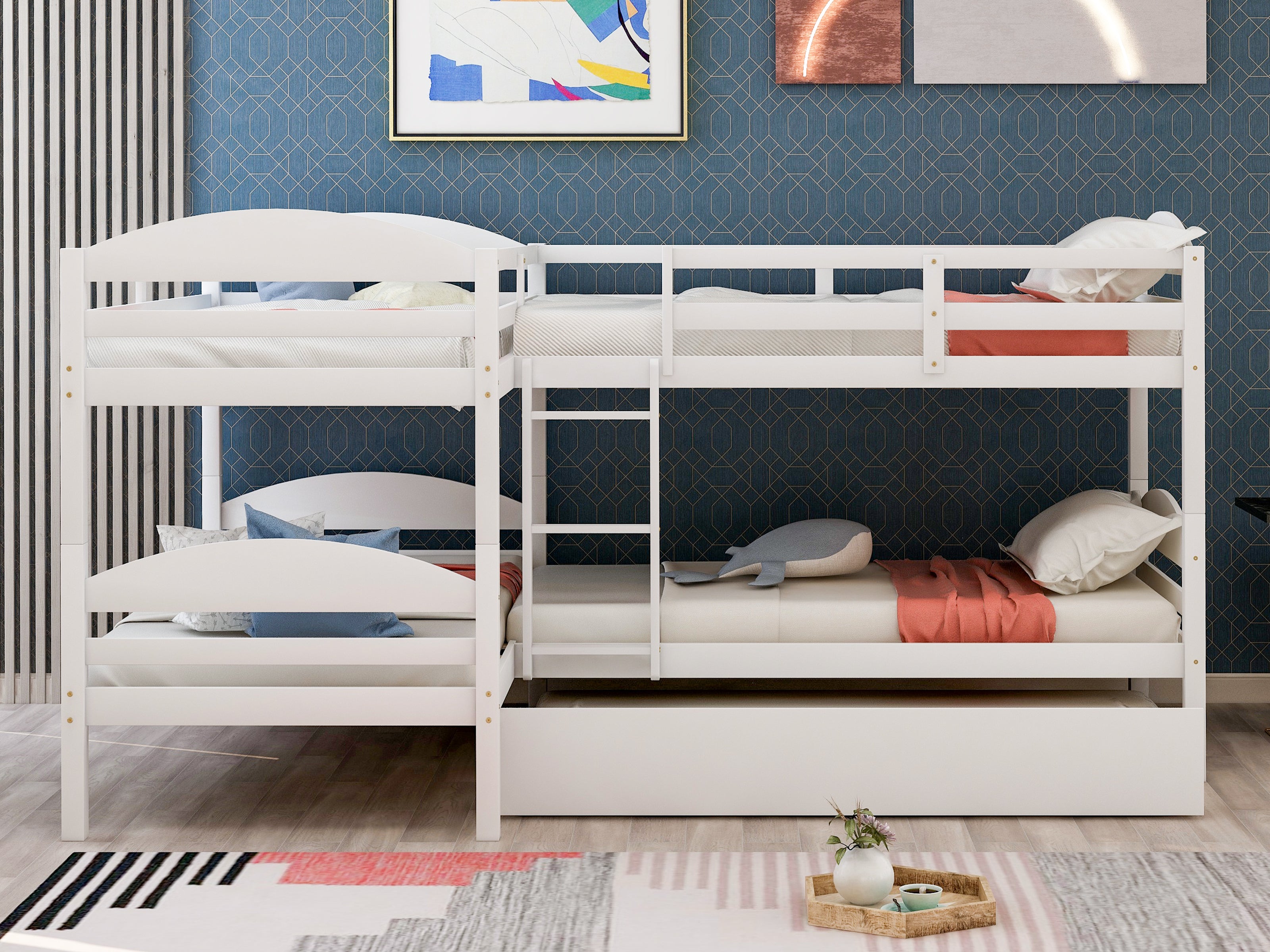 Twin L-Shaped Bunk bed with Trundle-White